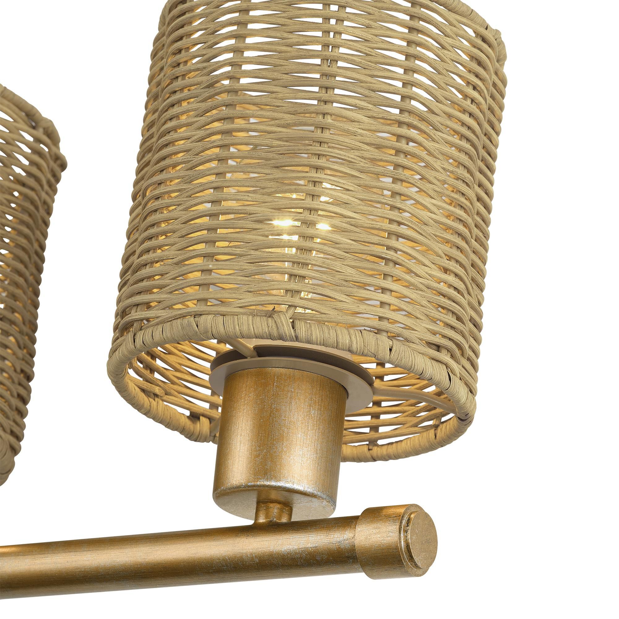 Shown in Antique Gold Leaf finish and Hand-Woven Rustic Walnut Color Rattan shade