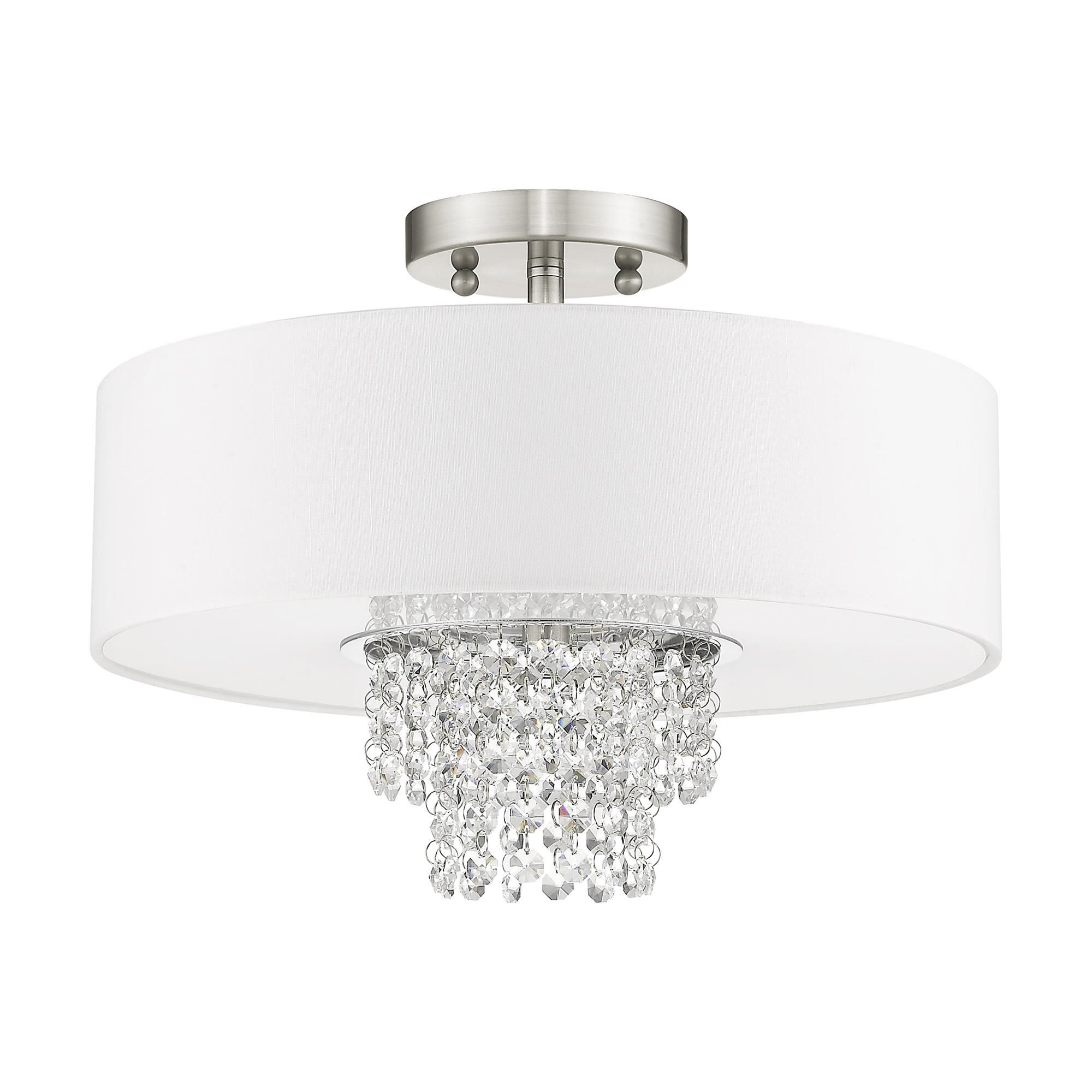 Shown in Brushed Nickel finish and Clear crystal and Off-White Sheer Organza shade
