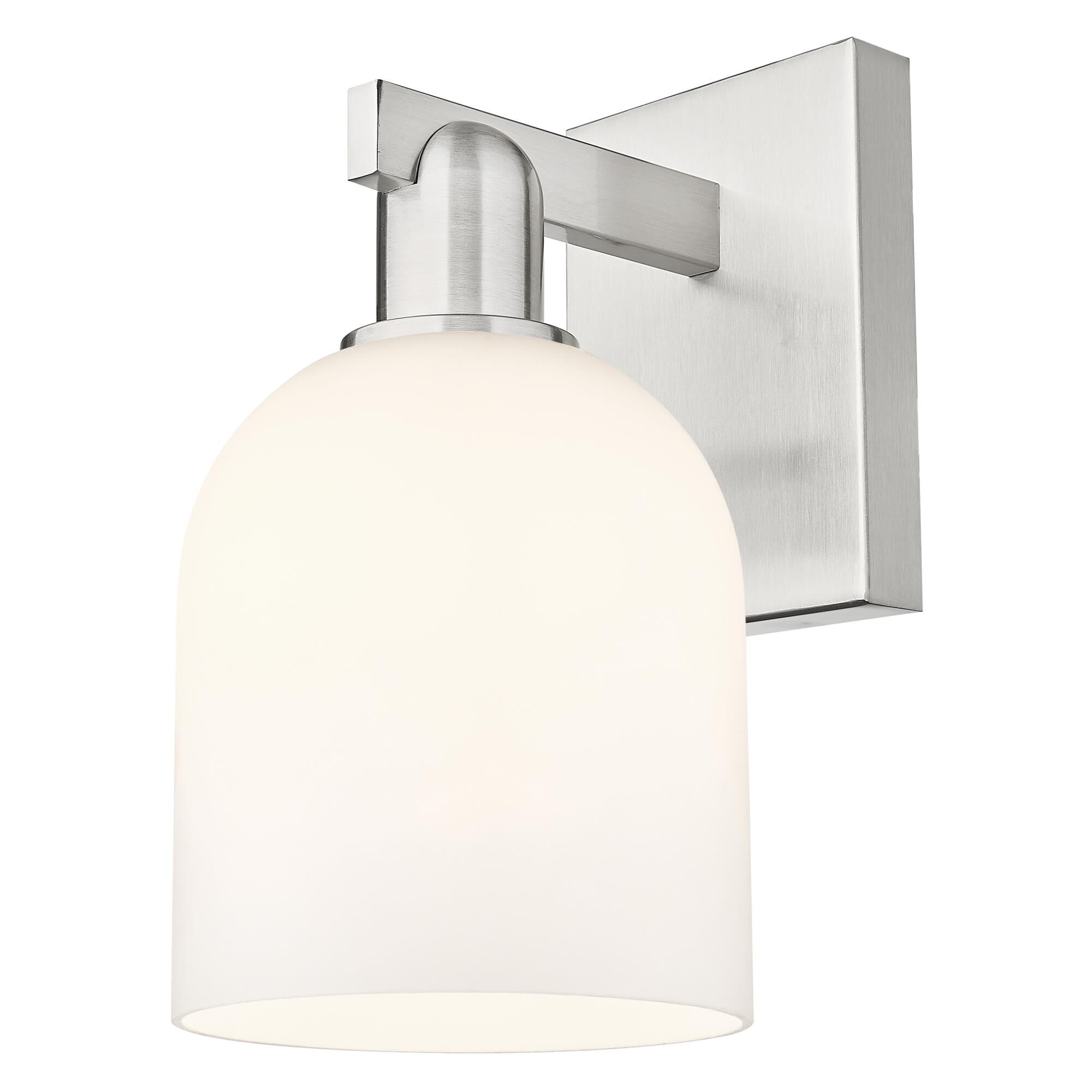 Shown in Brushed Satin Nickel finish and White glass