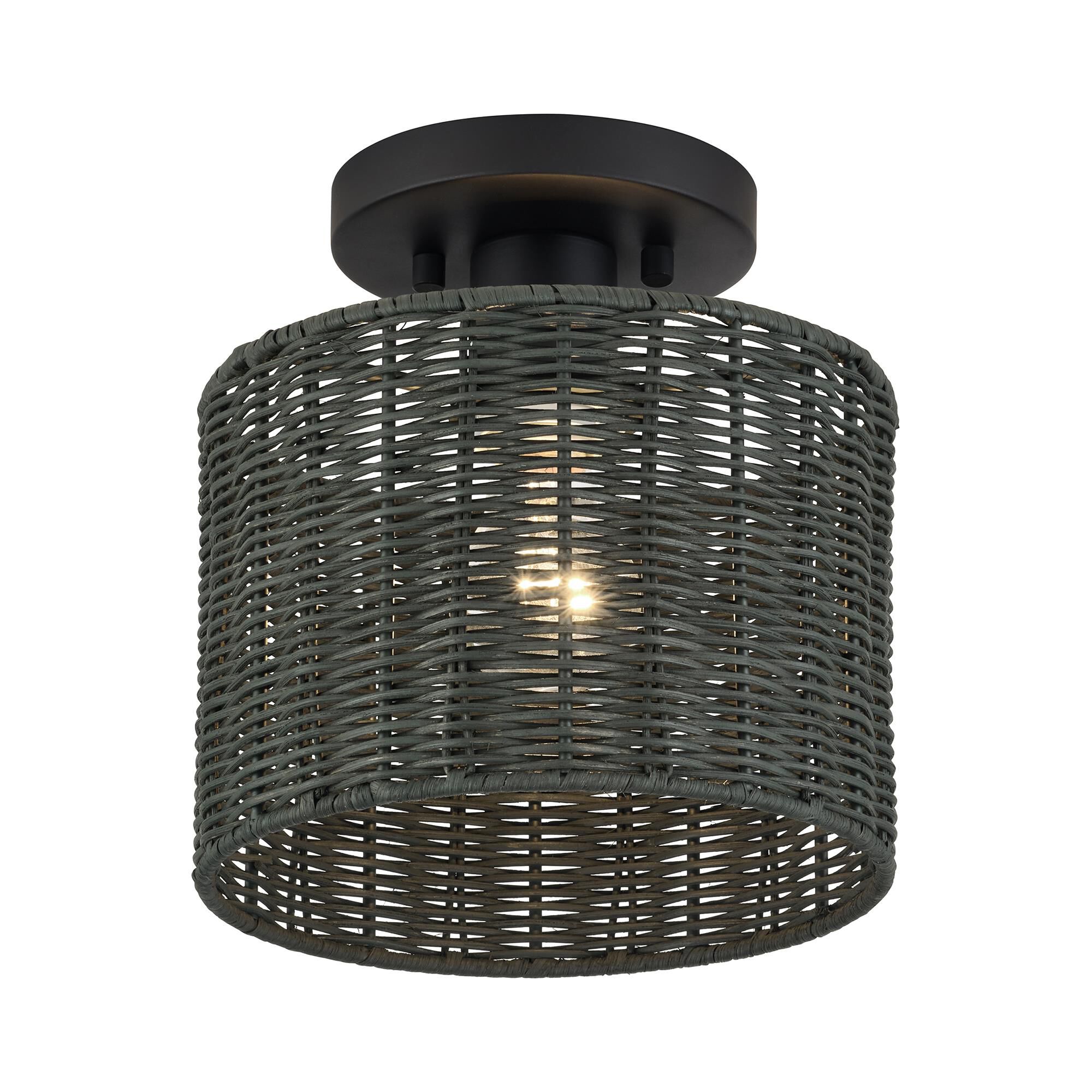 Shown in Black finish and Hand-Woven Charred Gray Color Rattan shade