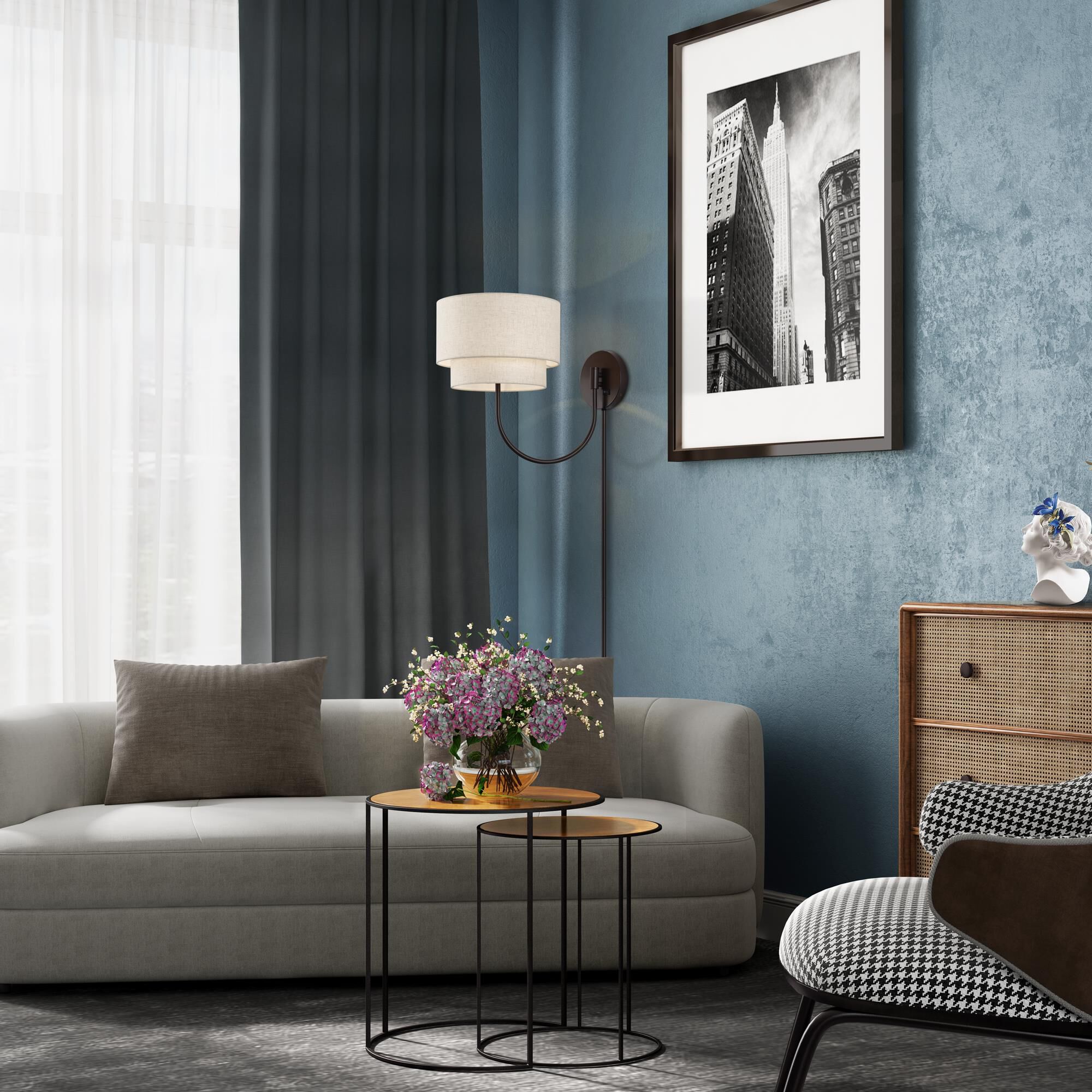 Shown in English Bronze finish and Hand Crafted Oatmeal Color Fabric with White Color Inside shade