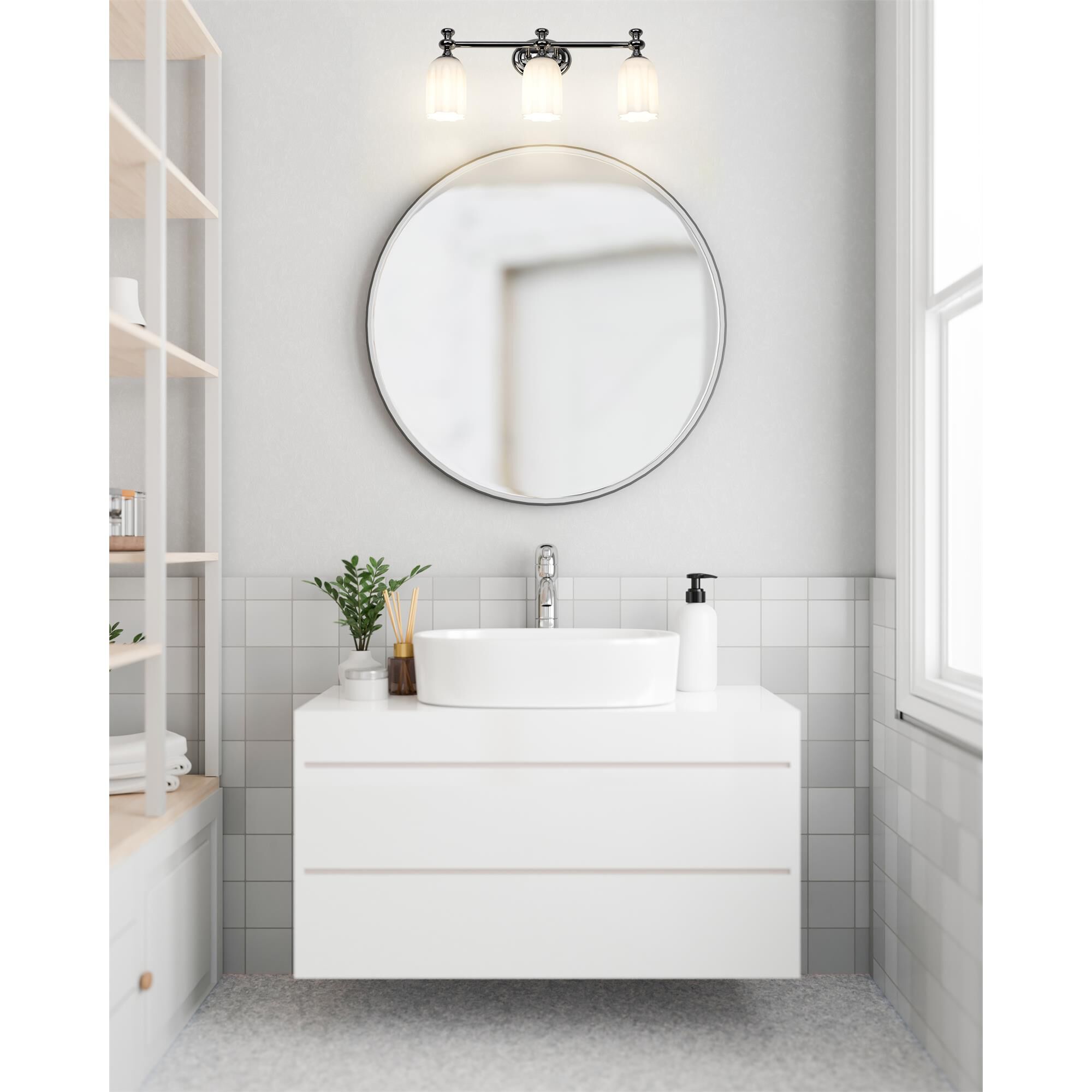 Shown in Chrome finish and Opal Etched glass and Opal Etched shade