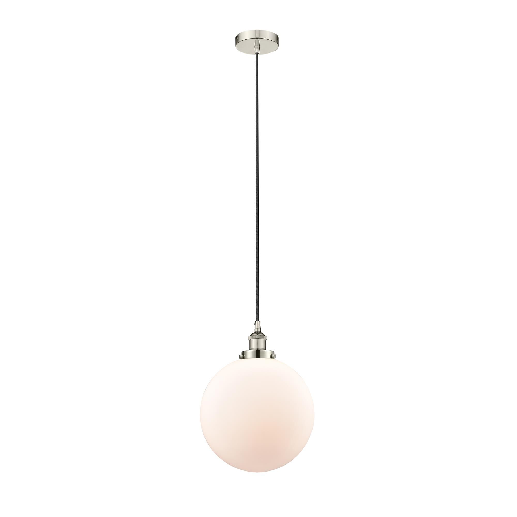 Shown in Polished Nickel finish and Matte White Cased Beacon glass