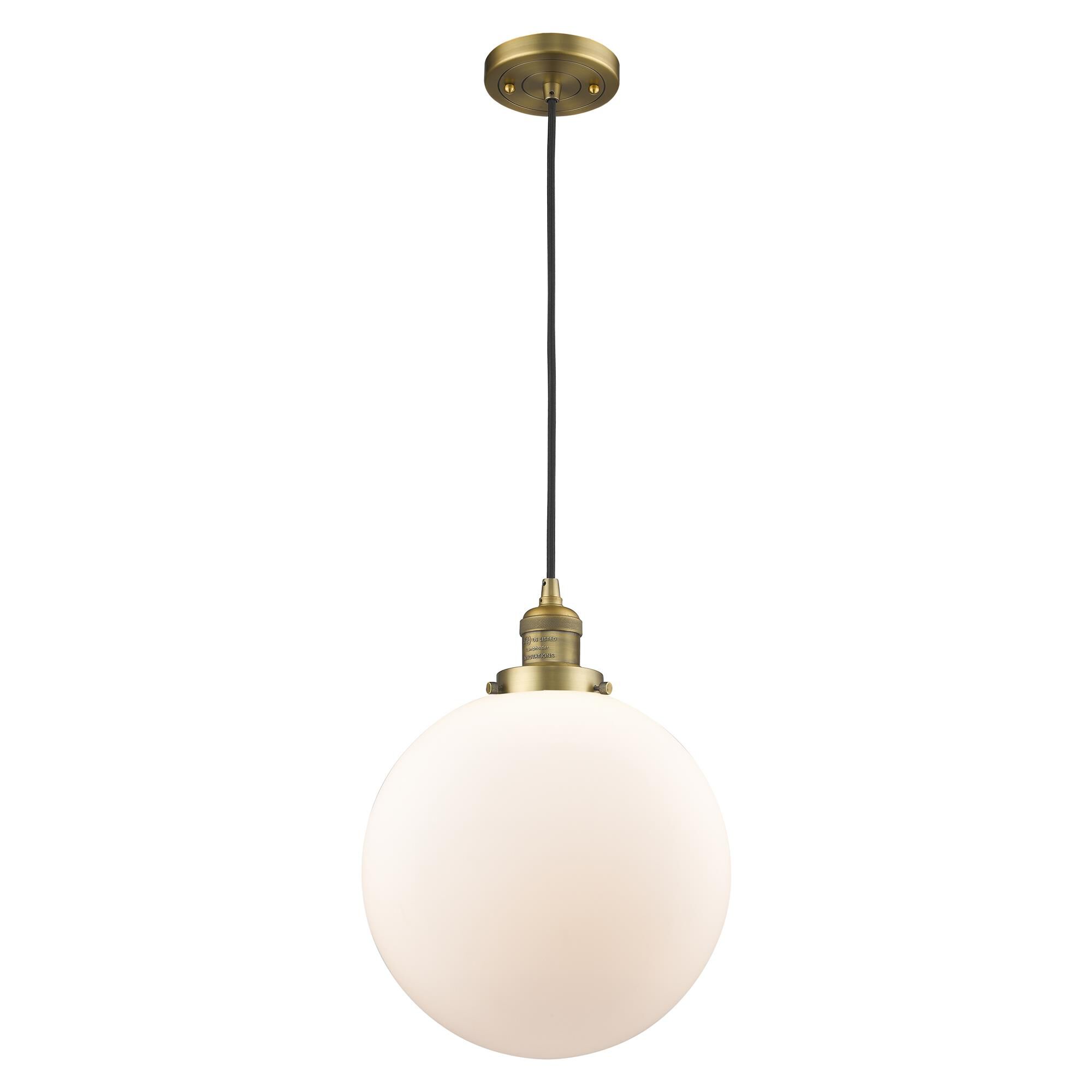 Shown in Brushed Brass finish and Matte White Cased Beacon glass