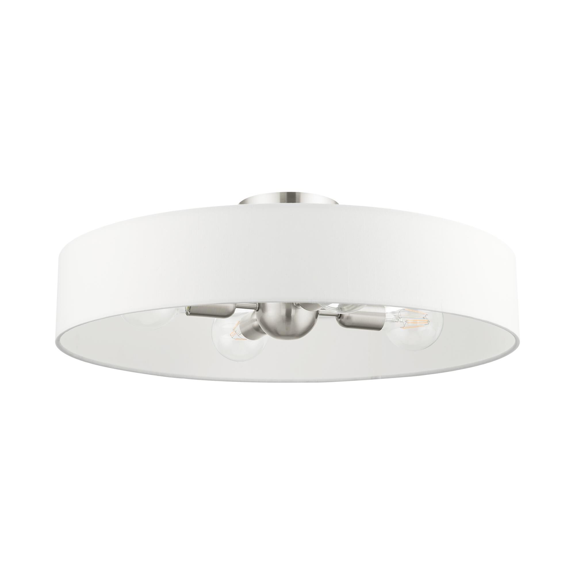 Shown in Brushed Nickel finish and Hand Crafted Off White Fabric Hardback Shade glass and Hand Crafted Off White Fabric Hardback shade