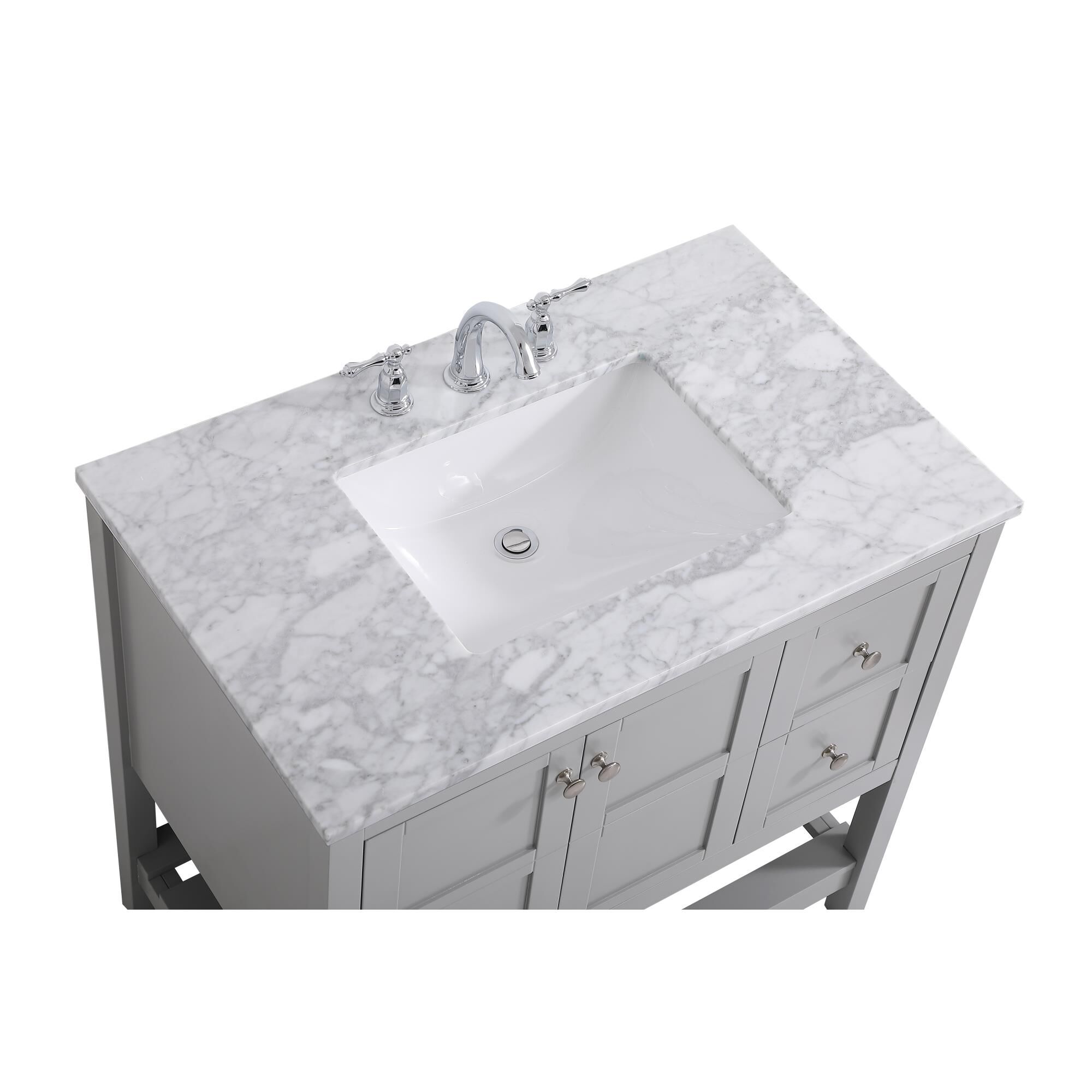 Shown in Gray And Brushed Nickel With Carrara White Marble finish