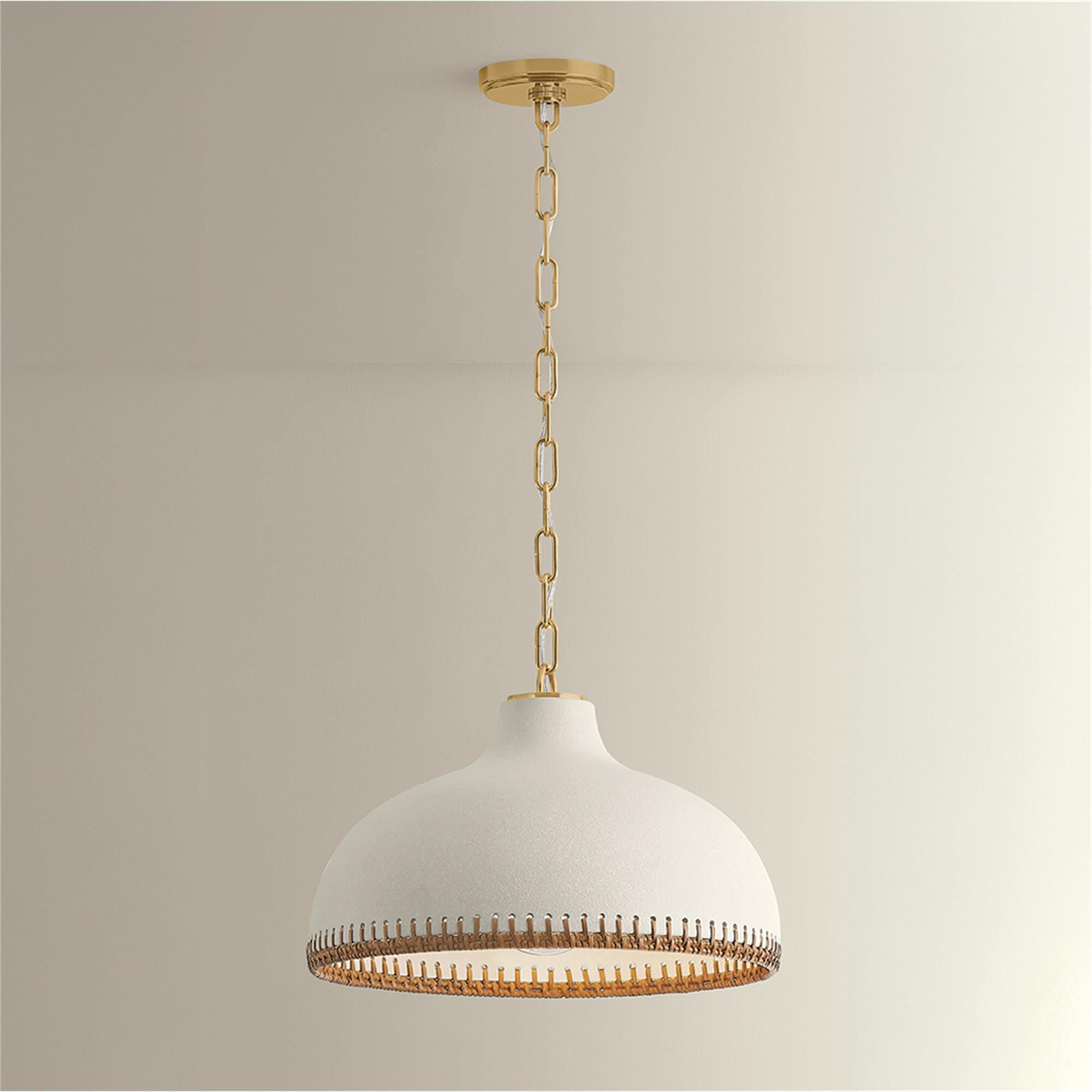 Shown in Aged Brass and Ceramic Cream Pebble finish and Rattan Weave Ceramic shade