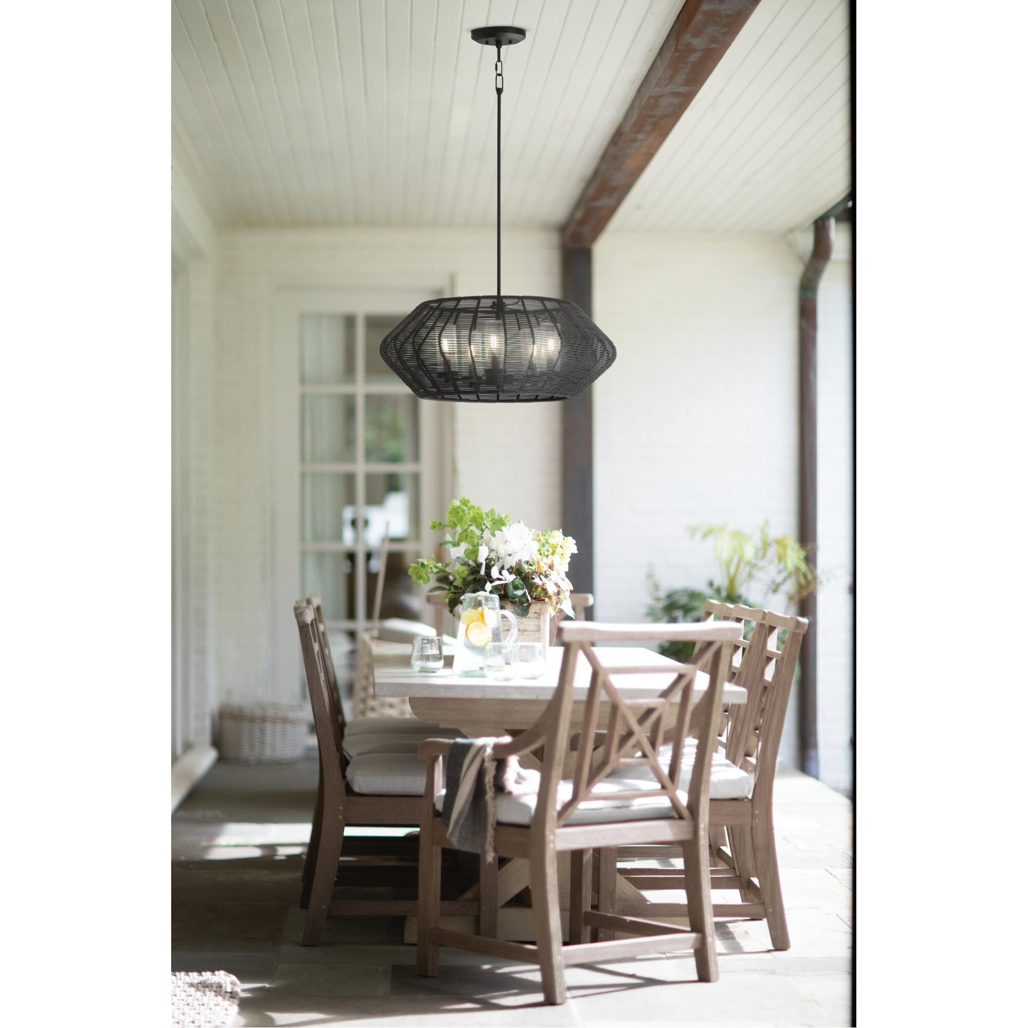 Shown in Black finish and Clear Seedy glass and Black Woven Drum shade