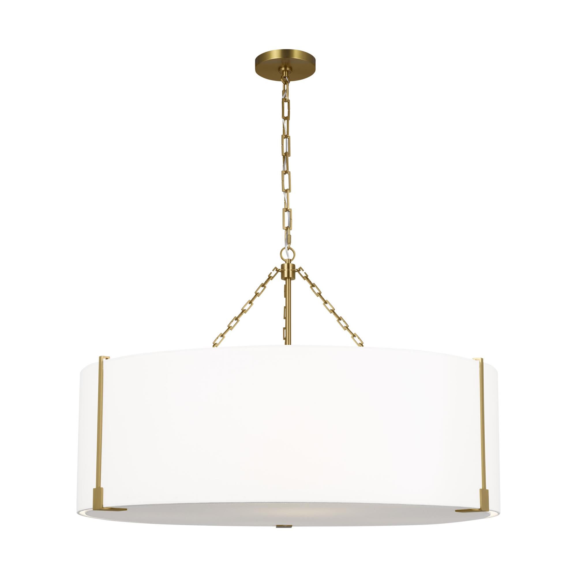 Shown in Burnished Brass finish and White Linen shade