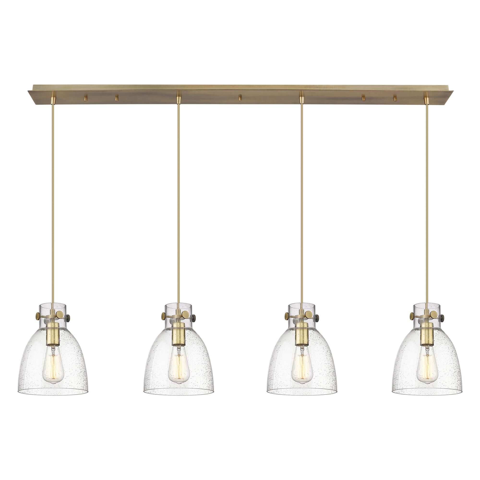 Shown in Brushed Brass finish and Seedy glass and Seedy Glass shade