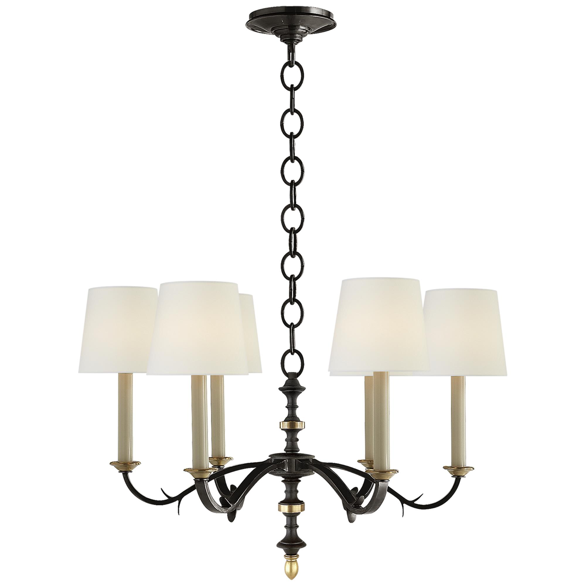 Shown in Black And Brass finish and Linen shade