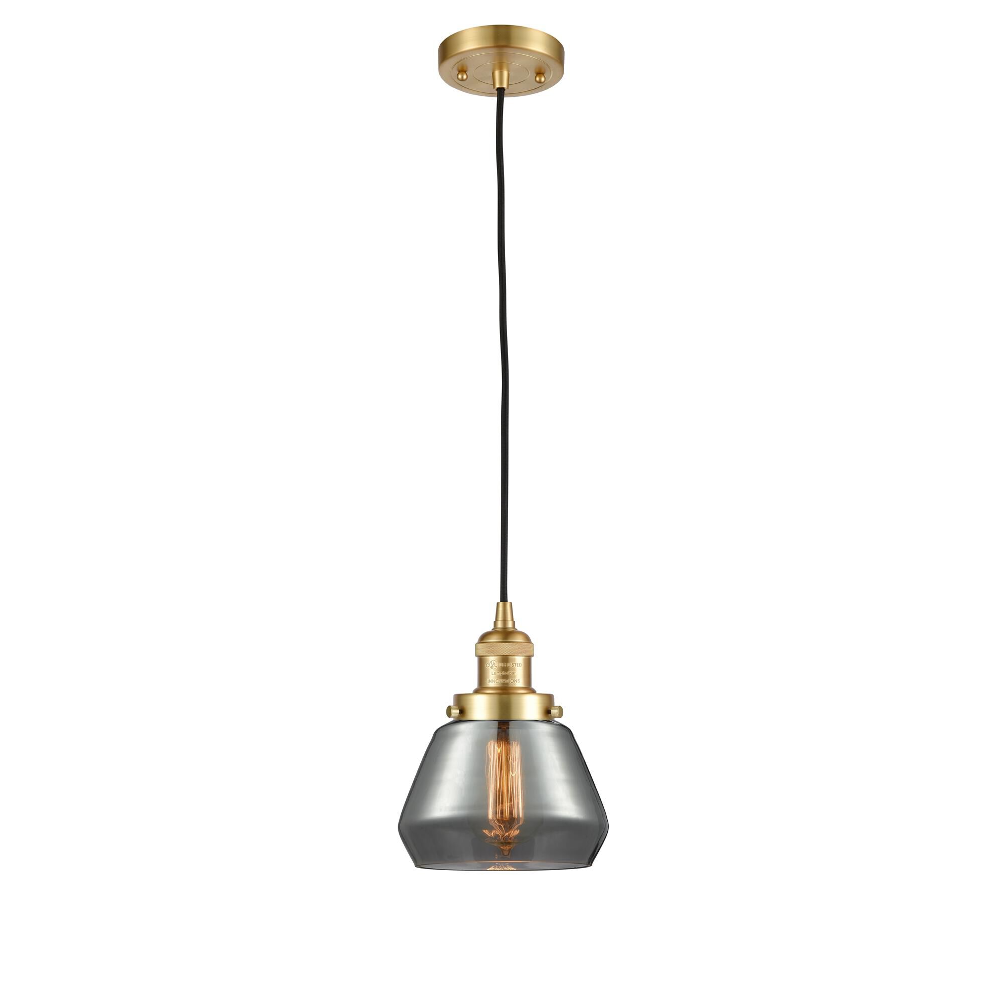 Shown in Satin Gold finish and Plated Smoke Fulton glass