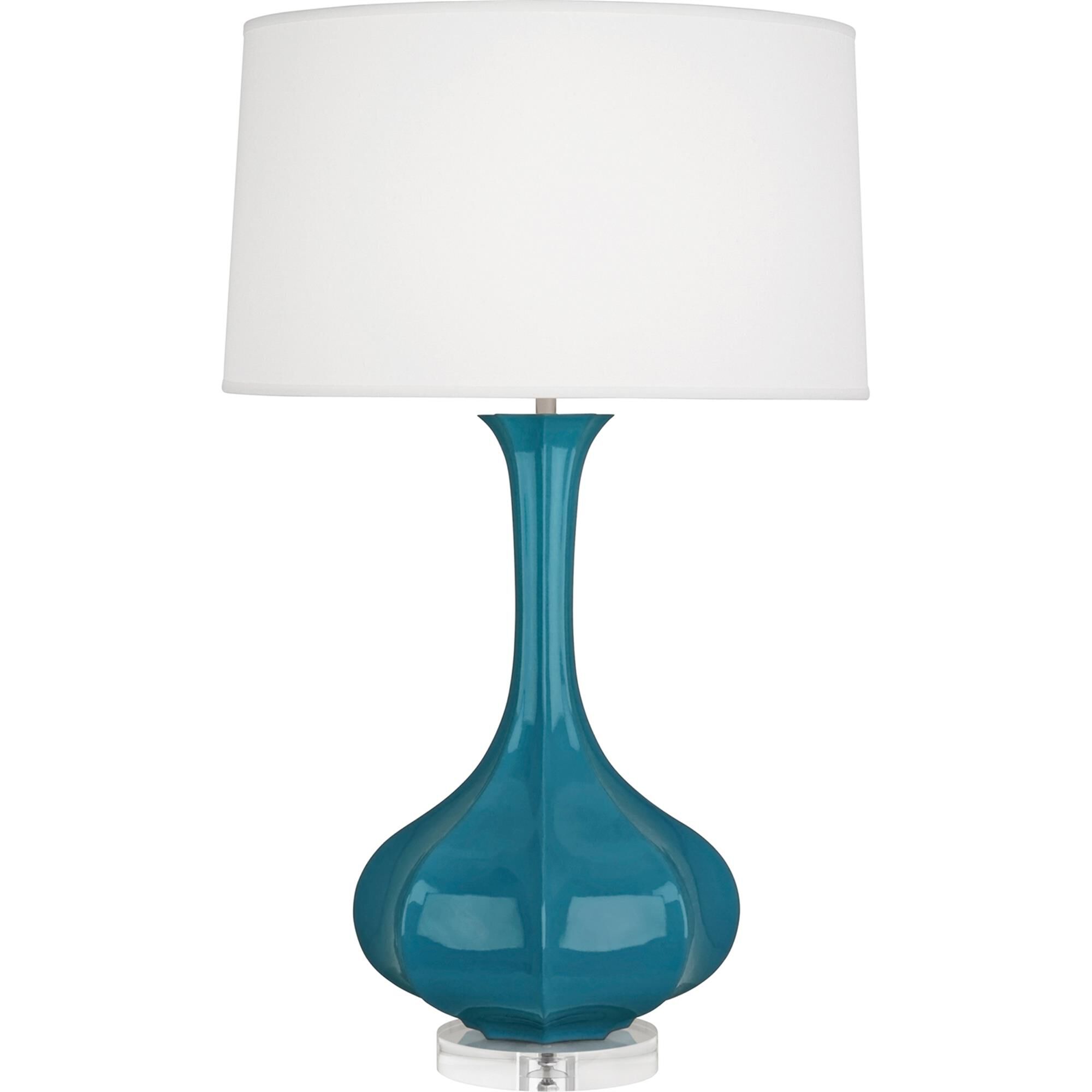 Shown in Peacock Glazed Ceramic With Lucite Base finish and Pearl Dupoini Fabric shade
