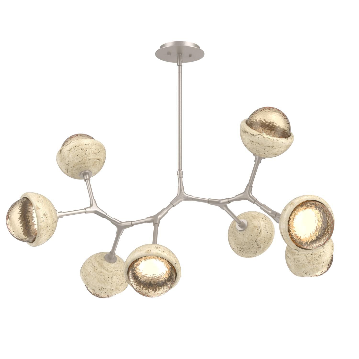 Shown in Beige Silver finish and Amber glass and Travertine Stone accent