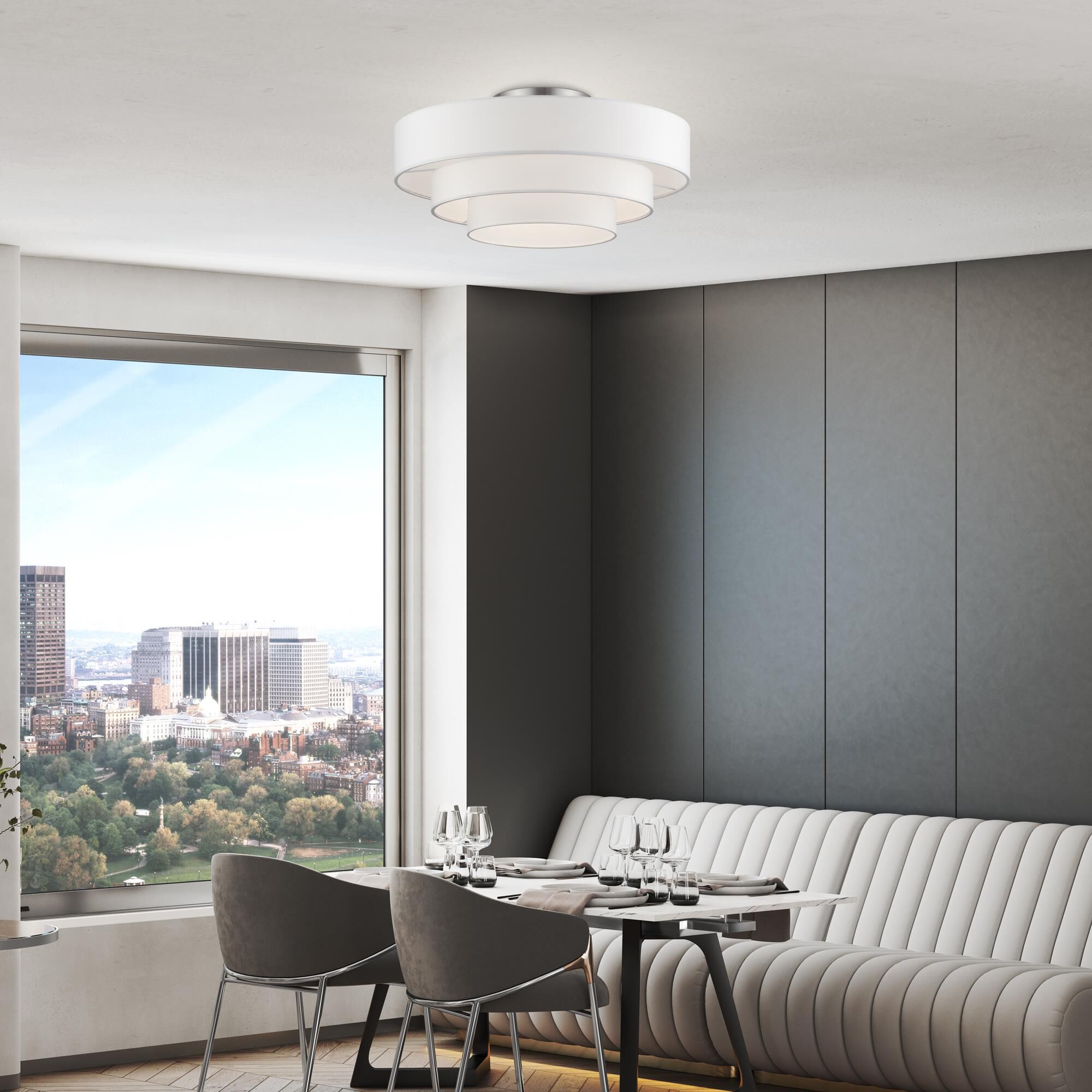 Shown in Brushed Nickel finish and Hand Crafted Off-White Fabric Hardbacks with White Fabric Inside shade