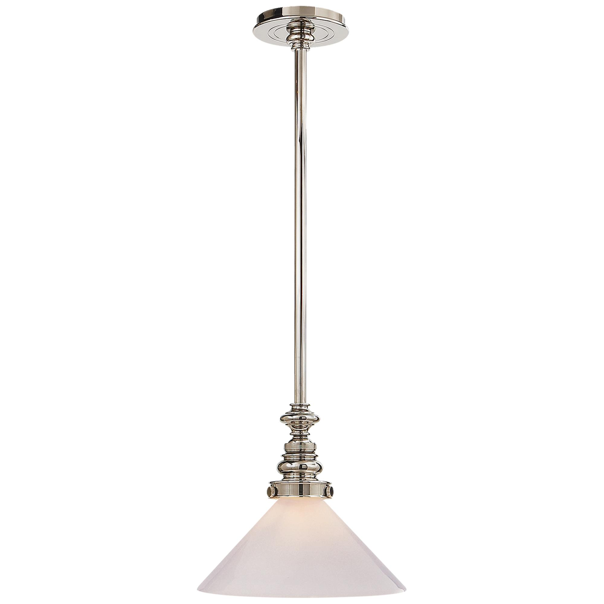 Shown in Polished Nickel finish and White Glass Slant shade