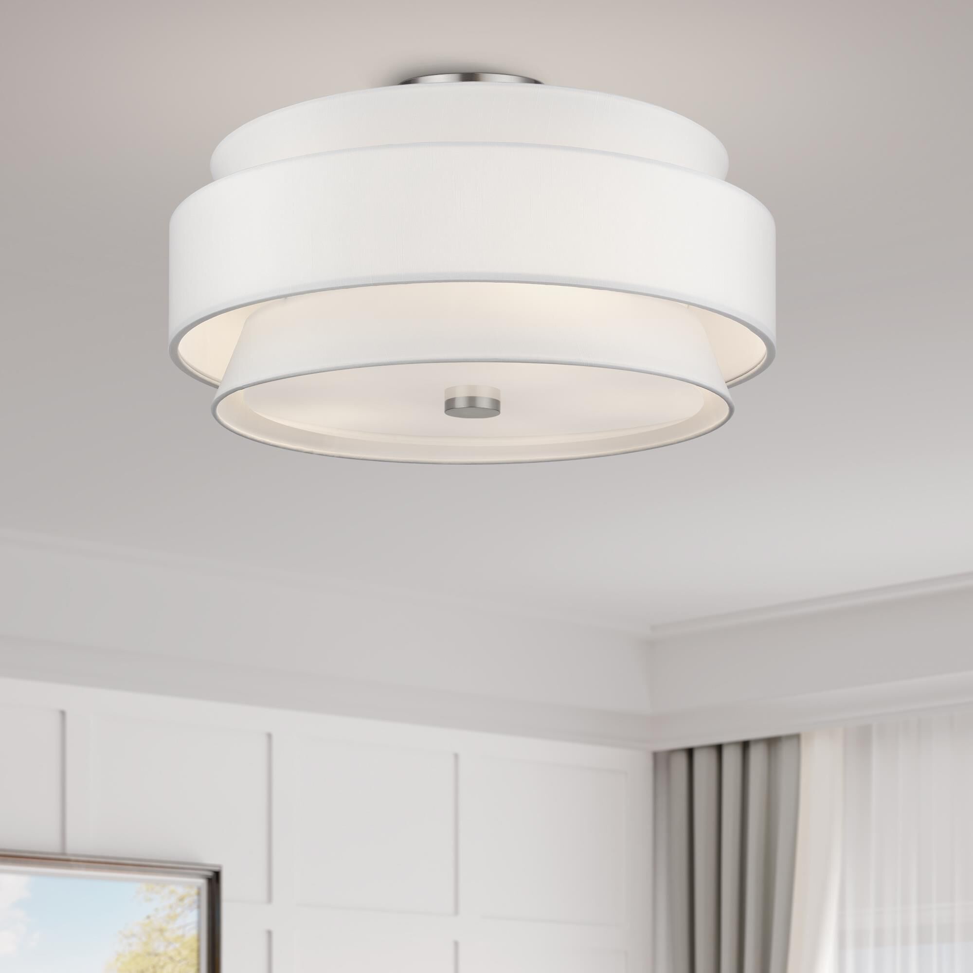 Shown in Brushed Nickel finish and Hand Crafted Off-White Fabric Hardbacks with White Fabric Inside shade