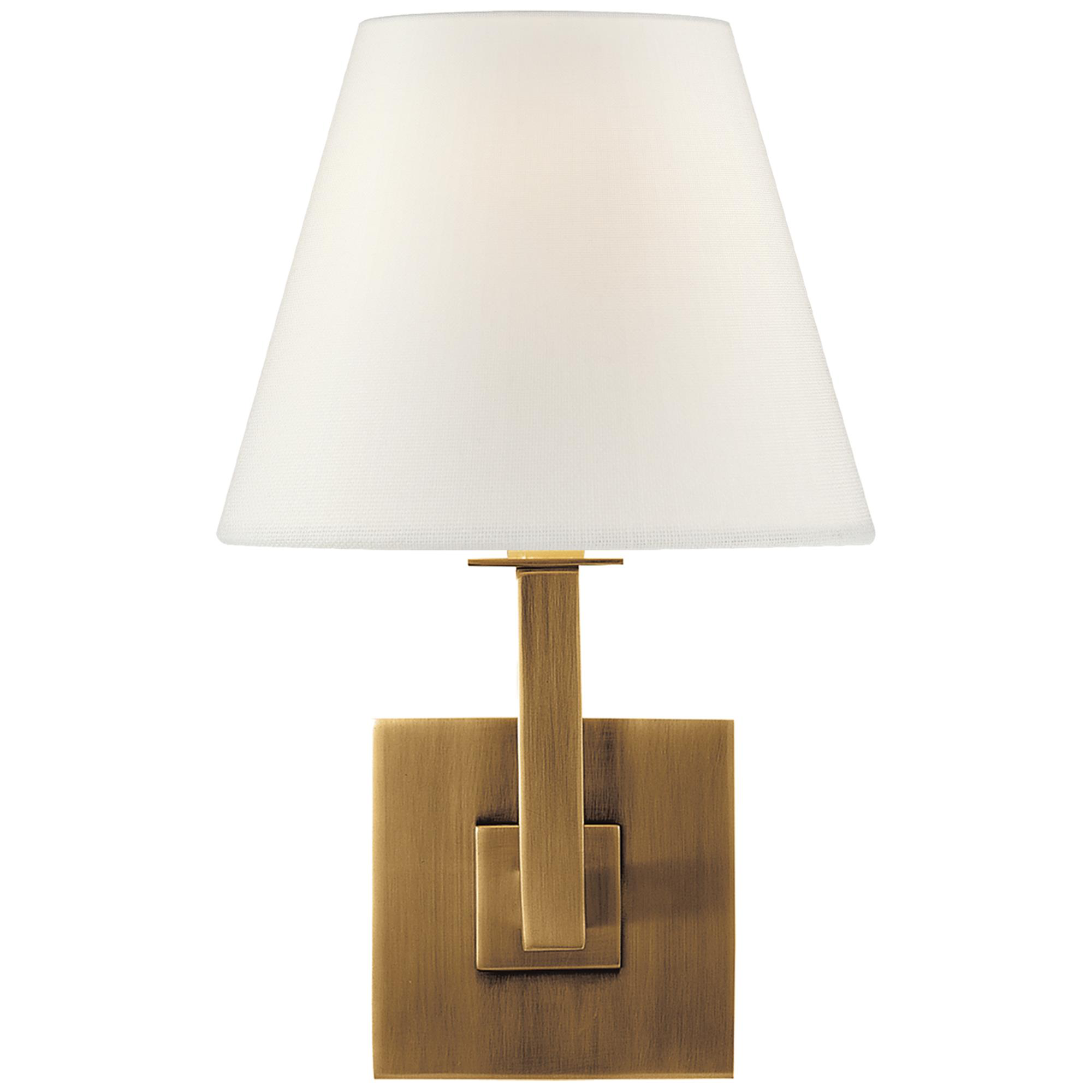 Shown in Hand-Rubbed Antique Brass finish and Linen shade