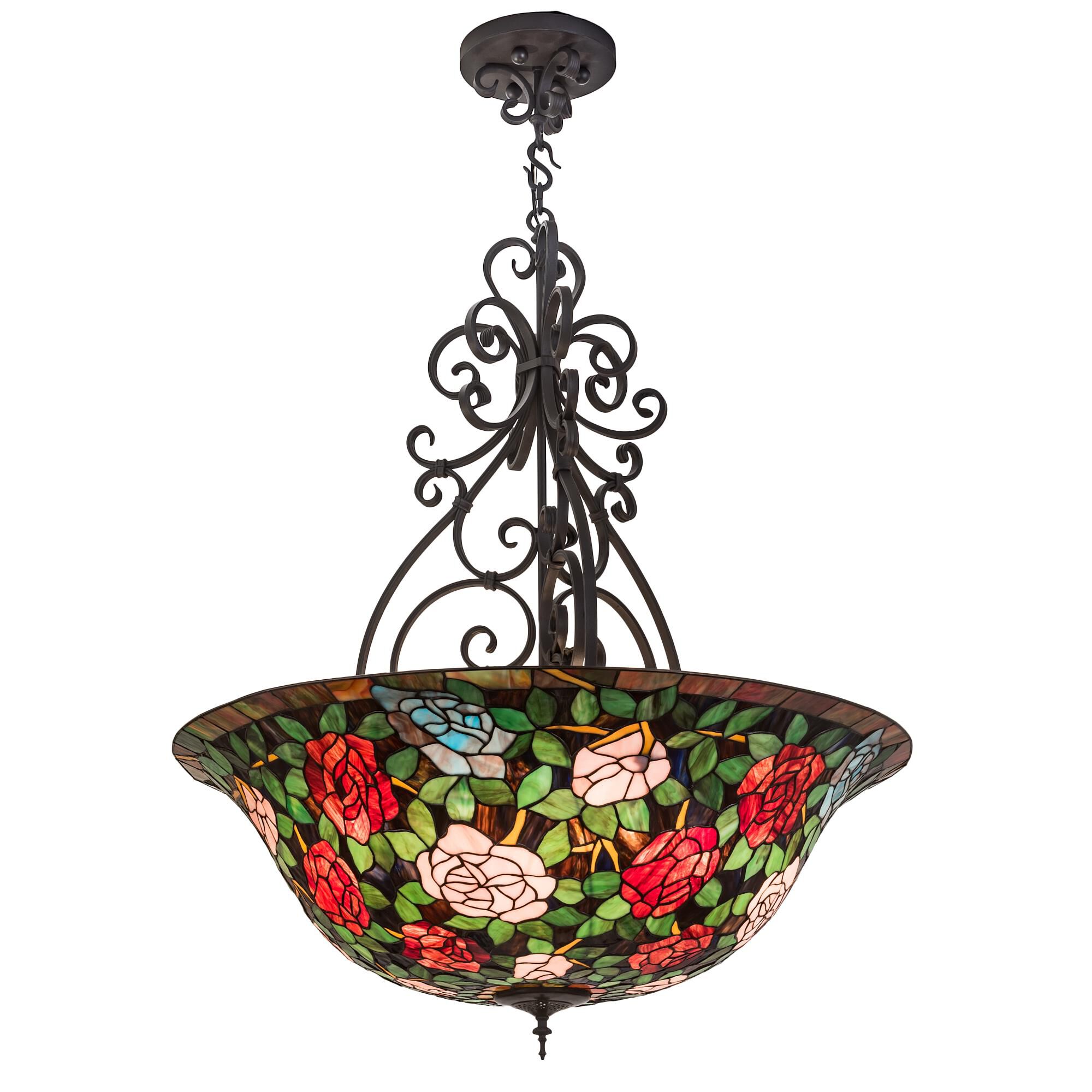 Shown in Hand Wrought Iron finish and Petal Pink-Red-Plum-Garden Green glass