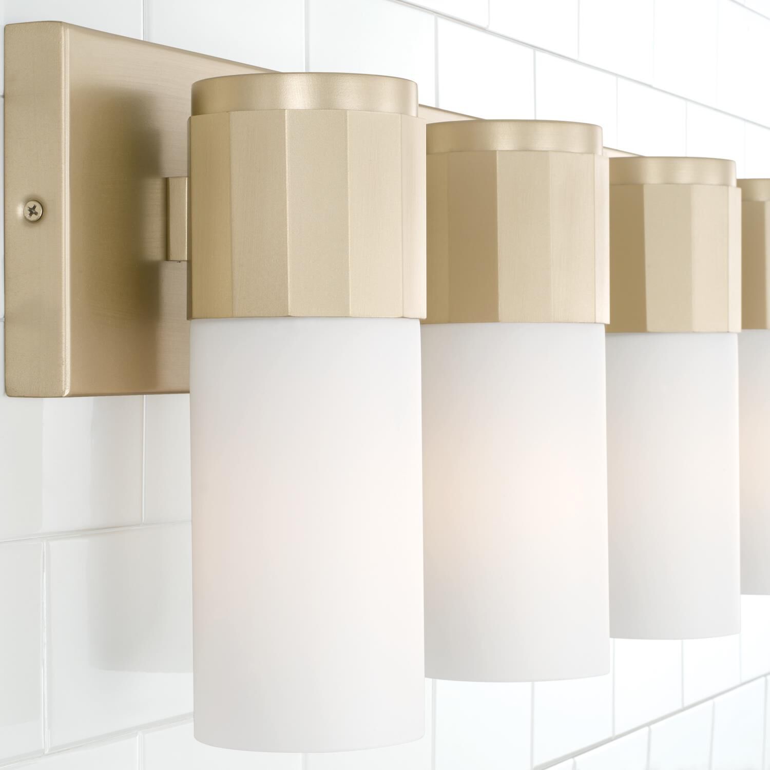 Shown in Soft Gold finish and Soft White glass