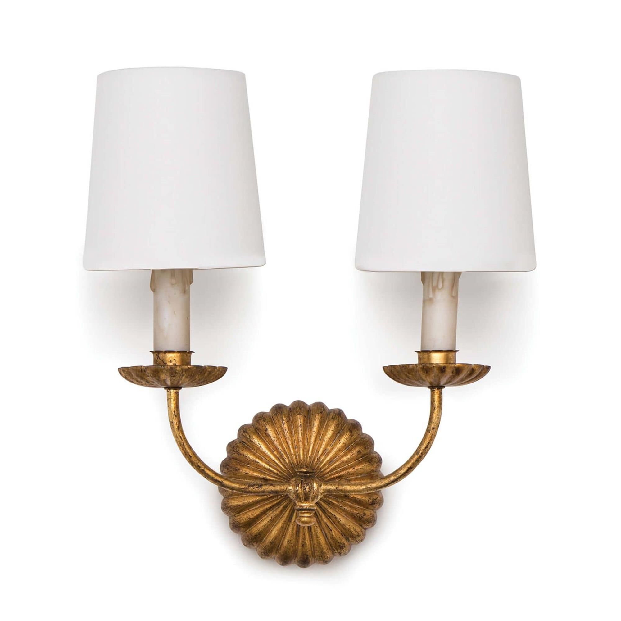 Shown in Antique Gold Leaf finish and Linen shade