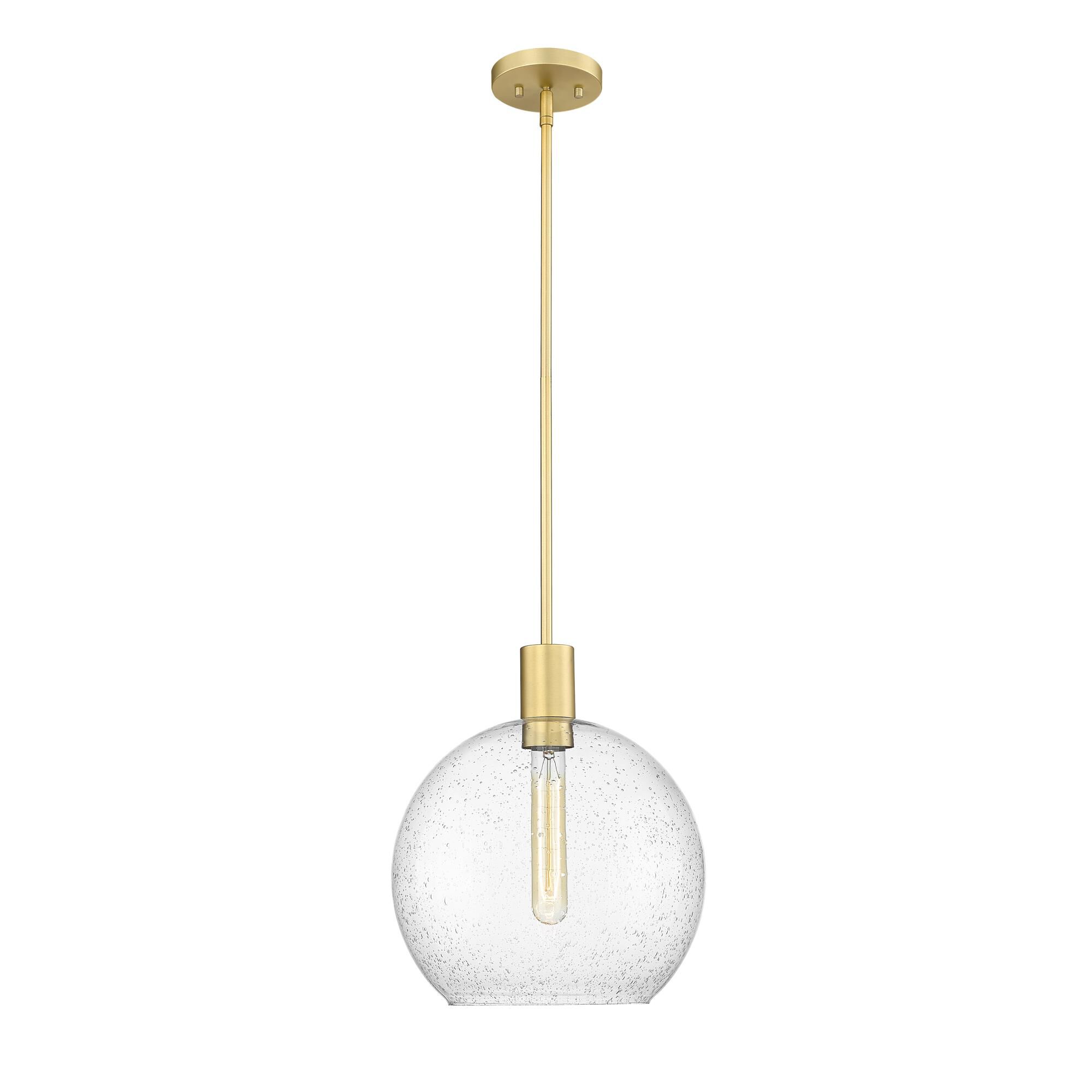 Shown in Olde Brass finish and Clear Seedy glass