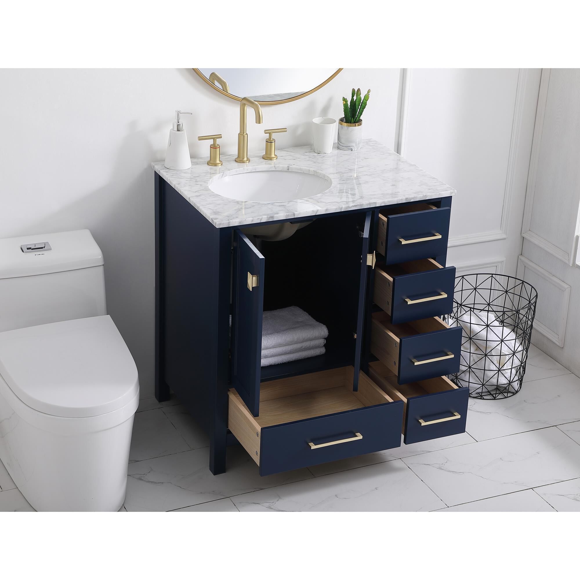 Shown in Blue And Gold With Carrara White Marble finish