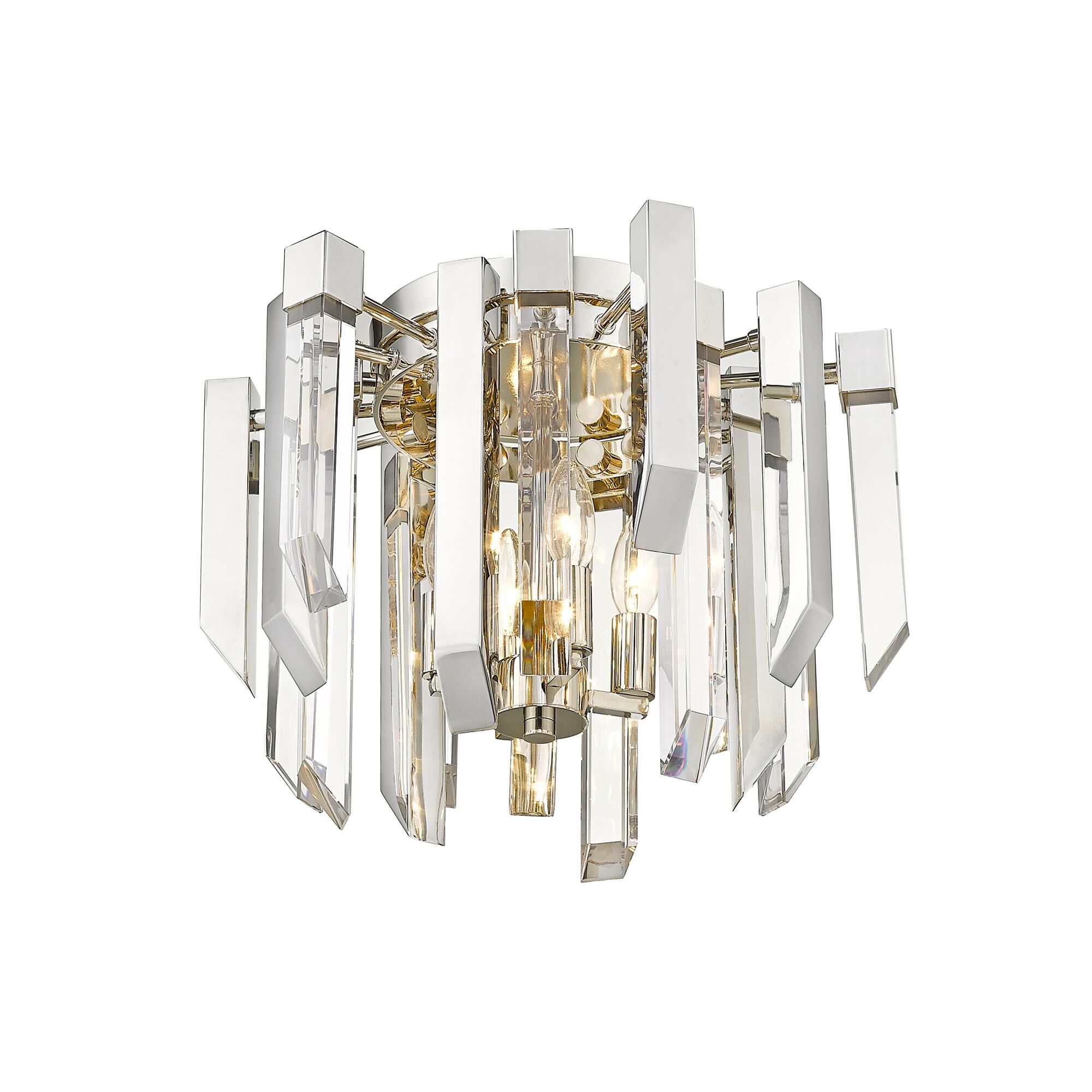 Shown in Polished Nickel finish and Crystal glass and Crystal shade