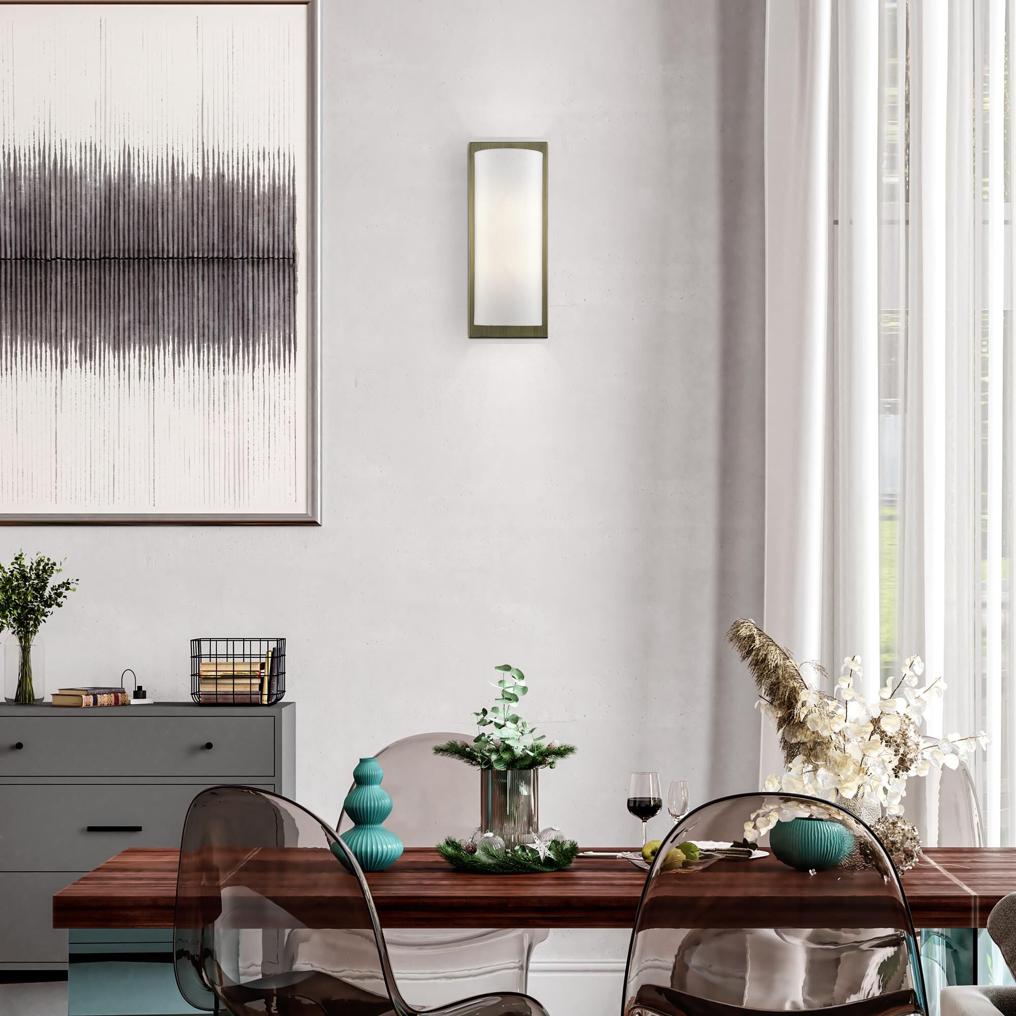 Shown in Antique Brass finish and Hand Crafted Off-White Fabric Hardback shade