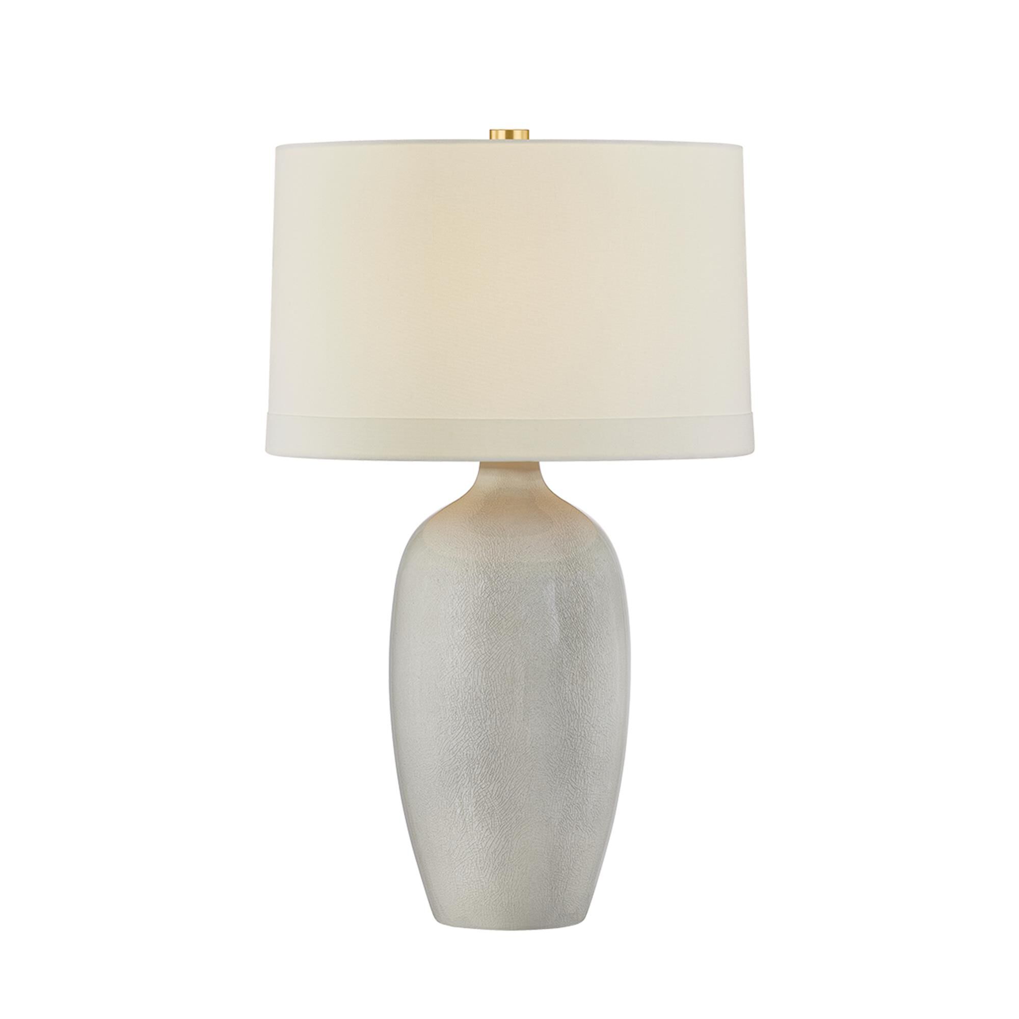 Shown in Aged Brass and Ceramic Frost Grey Crackle finish and White Linen shade
