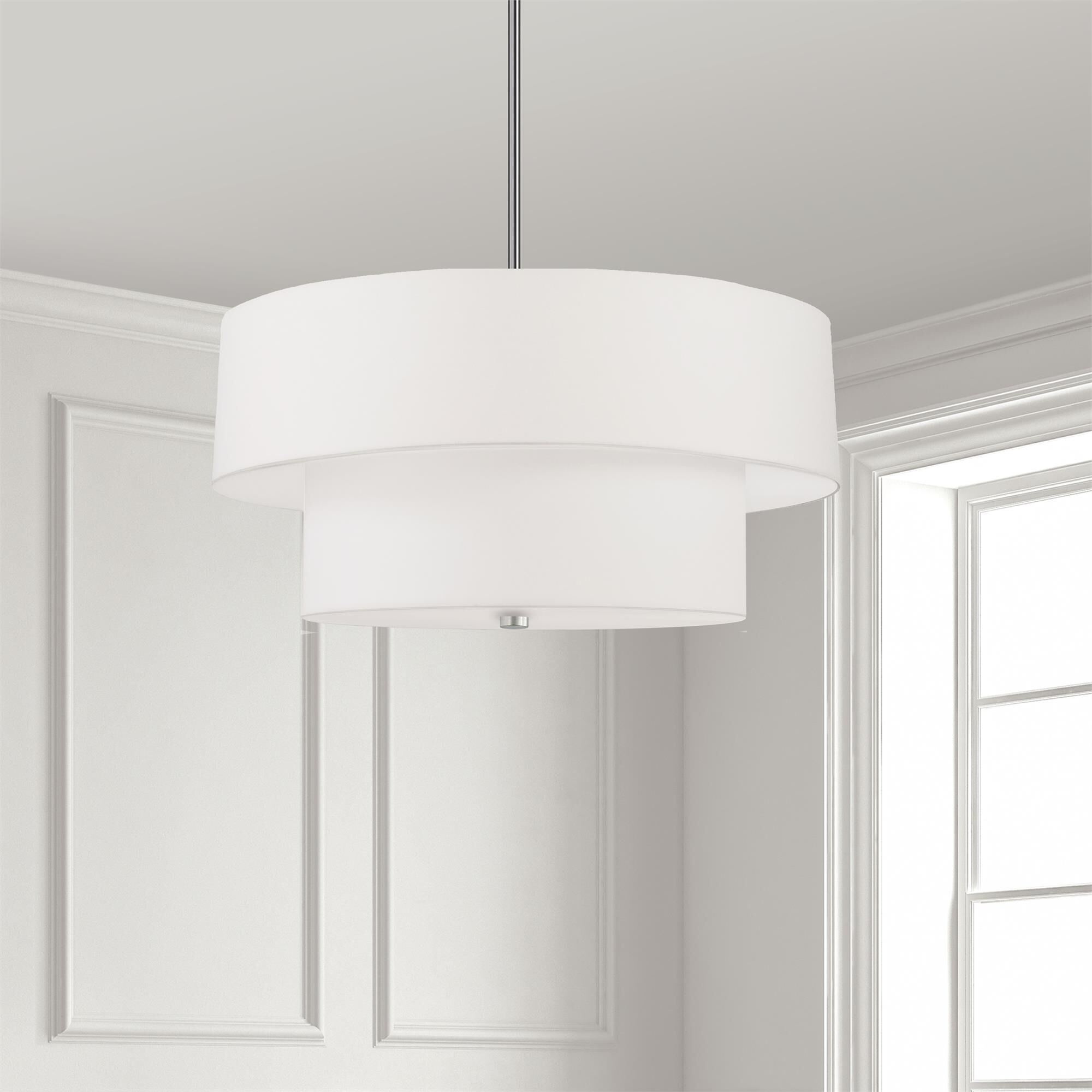 Shown in Satin Chrome and White finish and White Fabric Drum shade