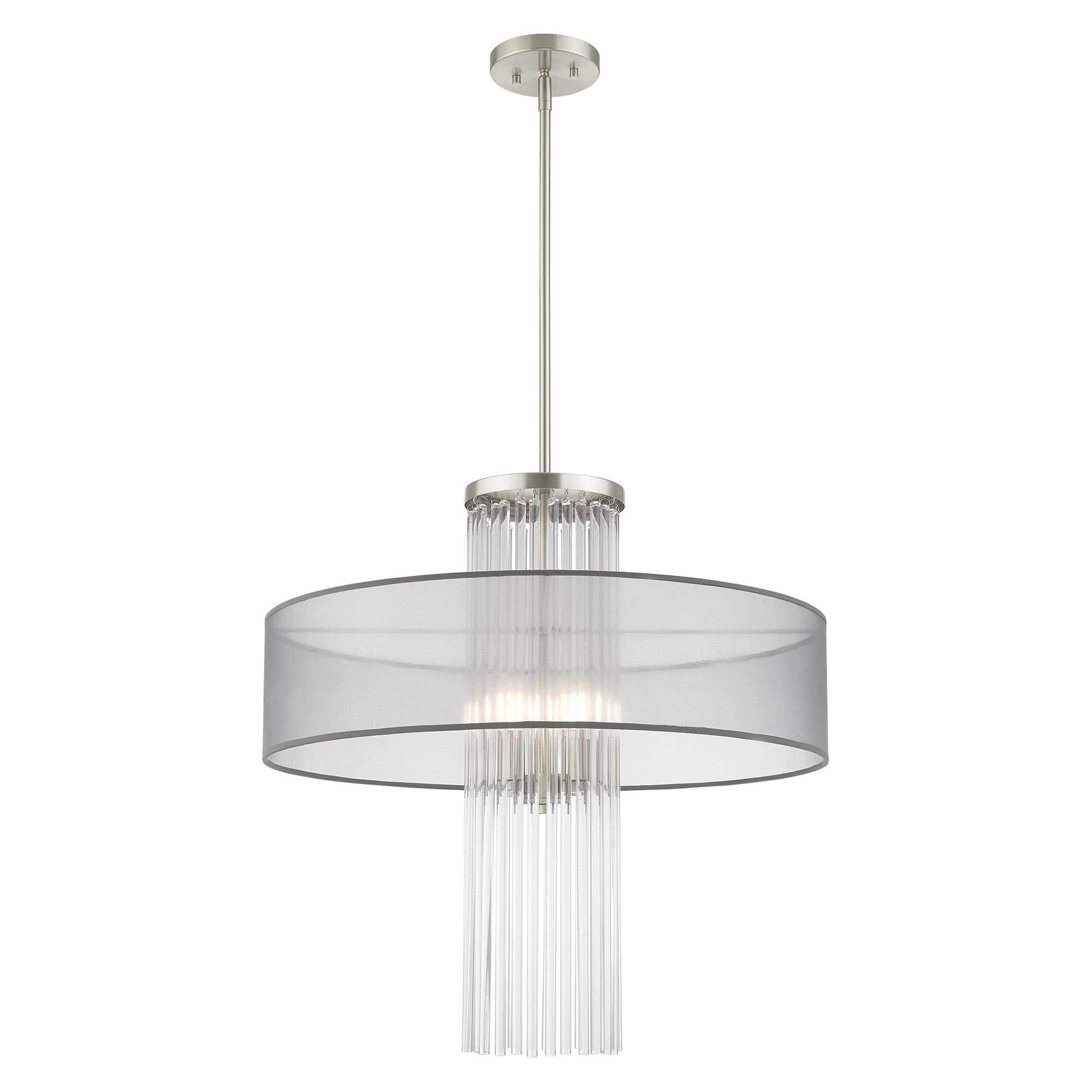 Shown in Brushed Nickel finish and Clear Crystal Rods with Hand Crafted Translucent Gray Fabric shade