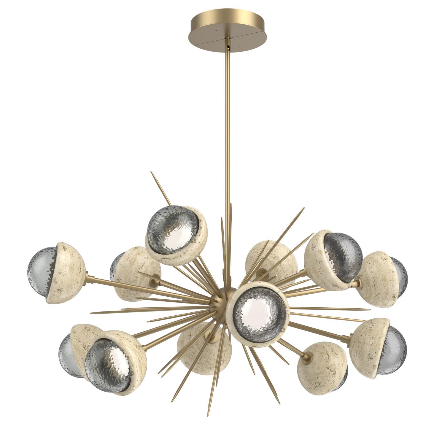 Shown in Novel Brass finish and Smoke glass and Travertine Stone accent