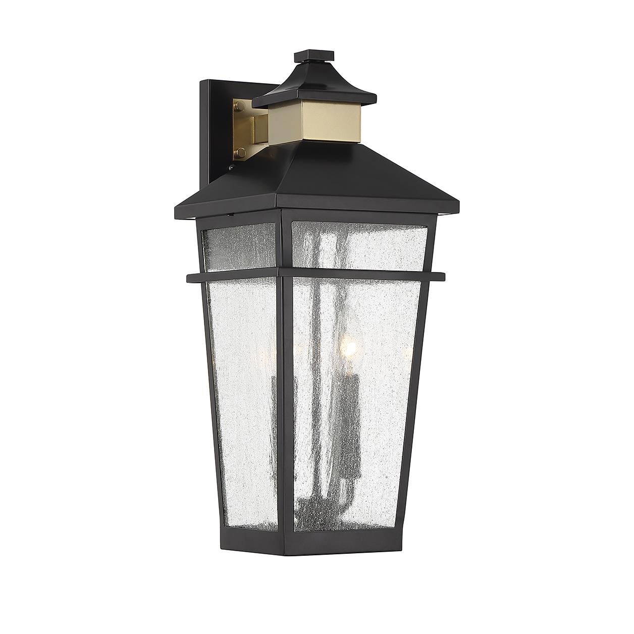 Shown in Matte Black With Warm Brass finish and Clear Seeded glass and Glass shade
