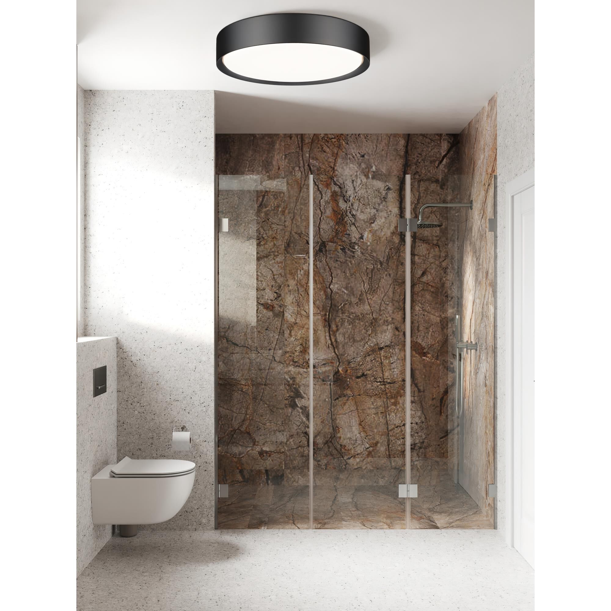 Shown in Matte Black finish and Frosted glass and Frosted shade