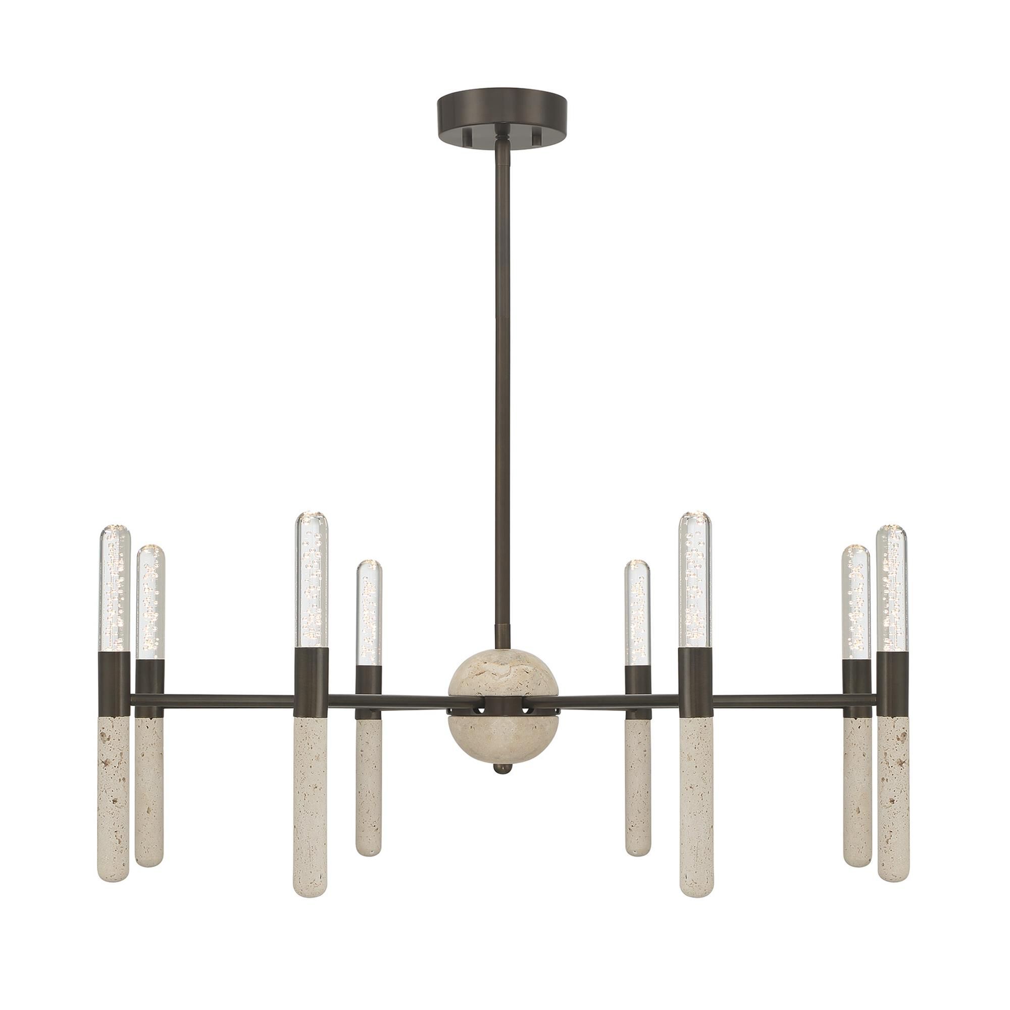 Shown in Mediterranean Bronze finish and Clear Seeded glass and Beige Travertine accent