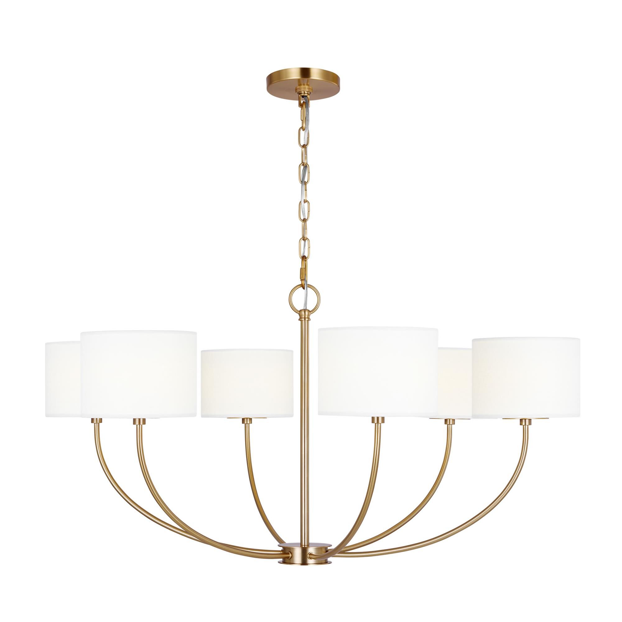 Shown in Burnished Brass finish and White Linen Fabric shade