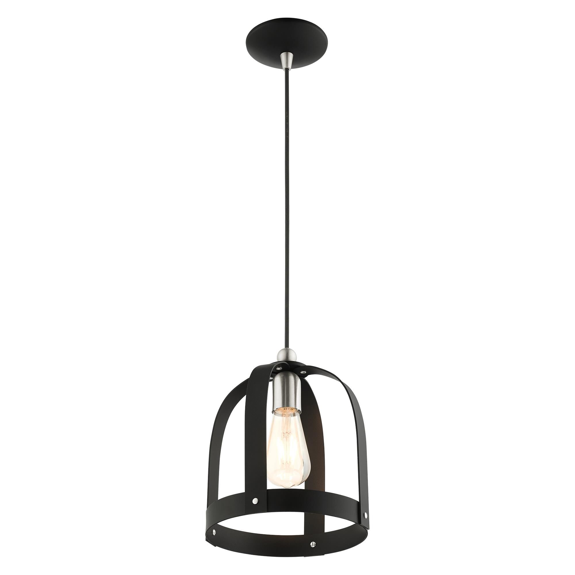 Shown in Textured Black finish and Textured Black Steel  With Brushed Nickel Accents shade