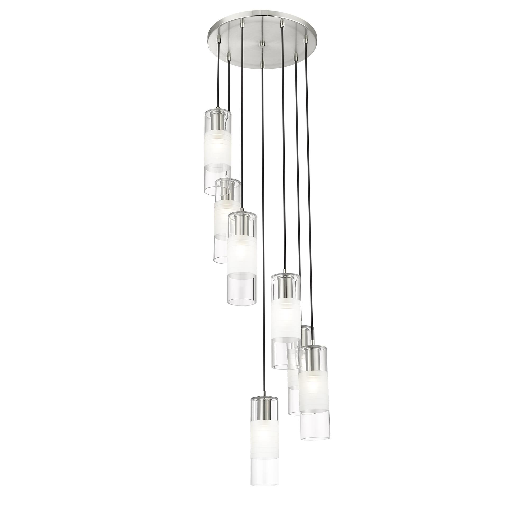 Shown in Brushed Nickel finish and Clear+frosted glass and Clear+frosted shade