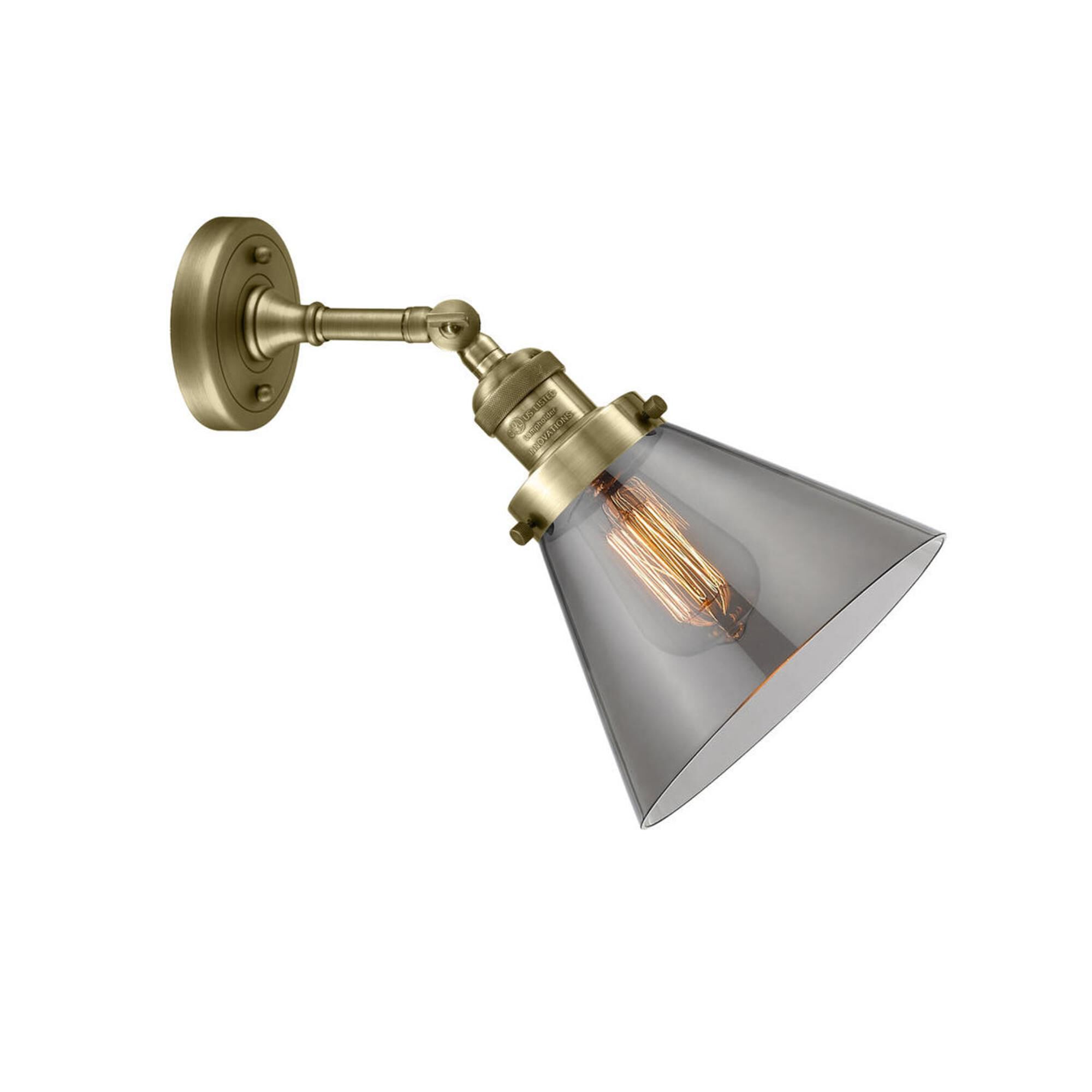 Shown in Antique Brass finish and Smoked glass and Brushed Satin Nickel shade and No Accent accent