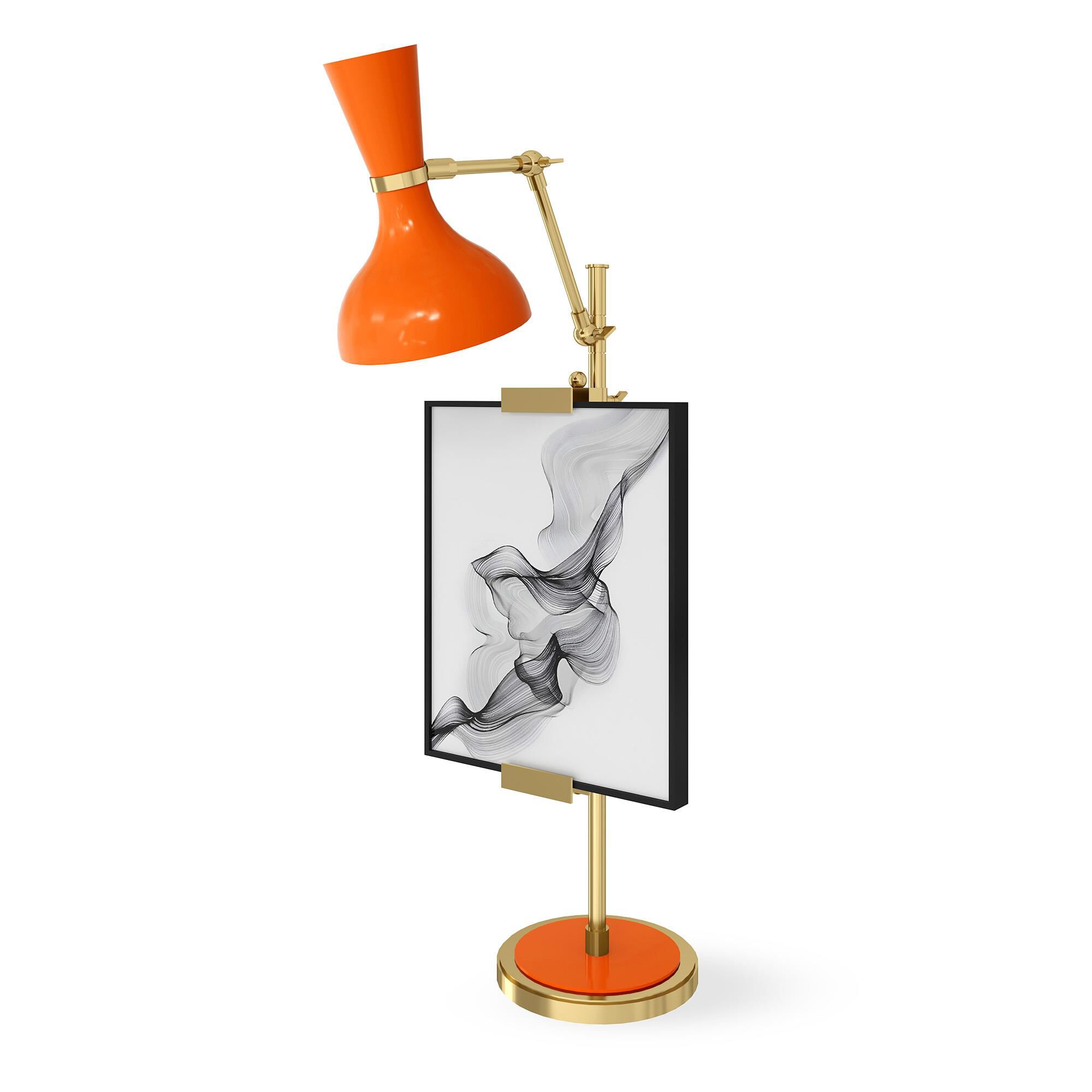 Shown in Modern Brass finish and Pumpkin shade