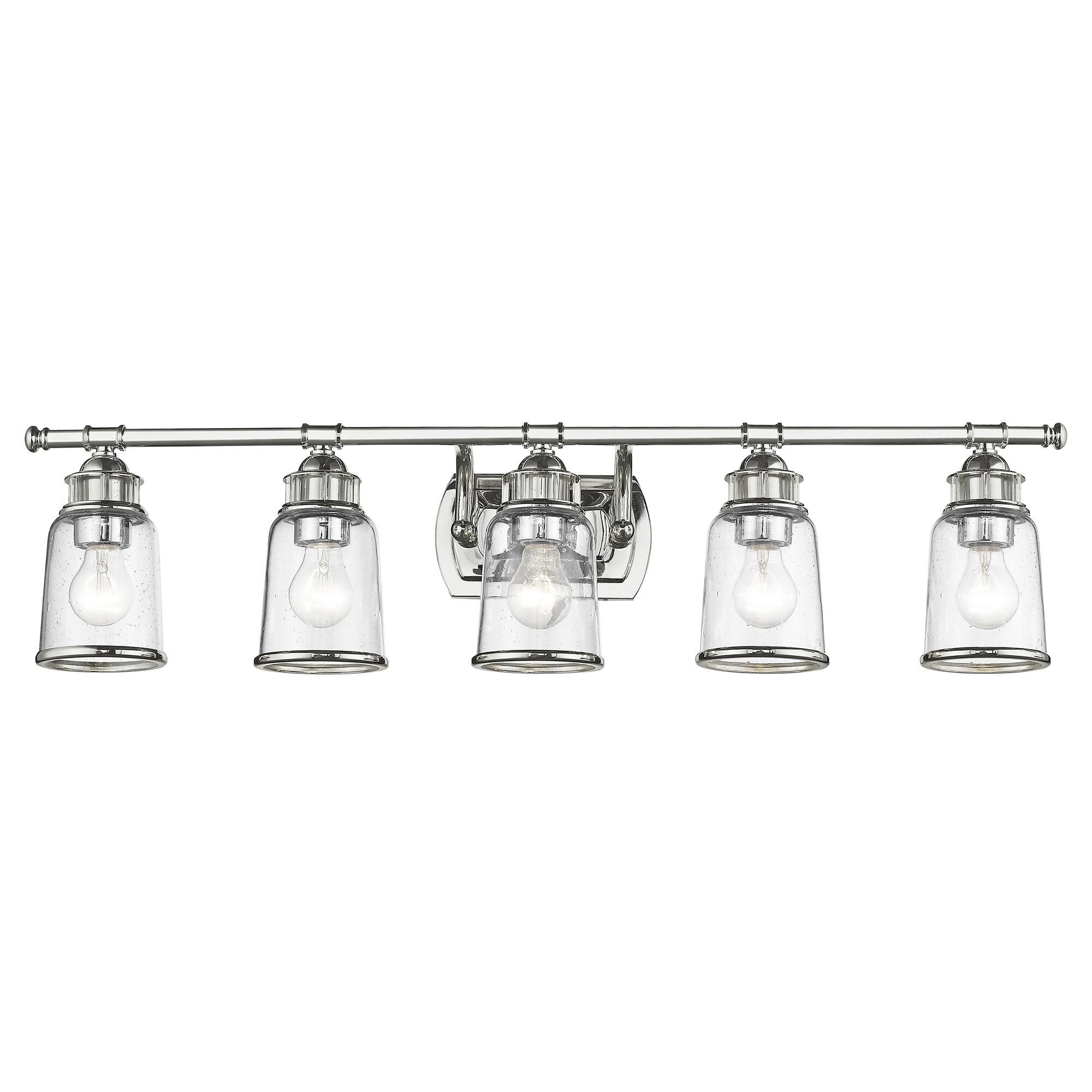 Shown in Polished Chrome finish and Hand Blown Clear Seeded glass