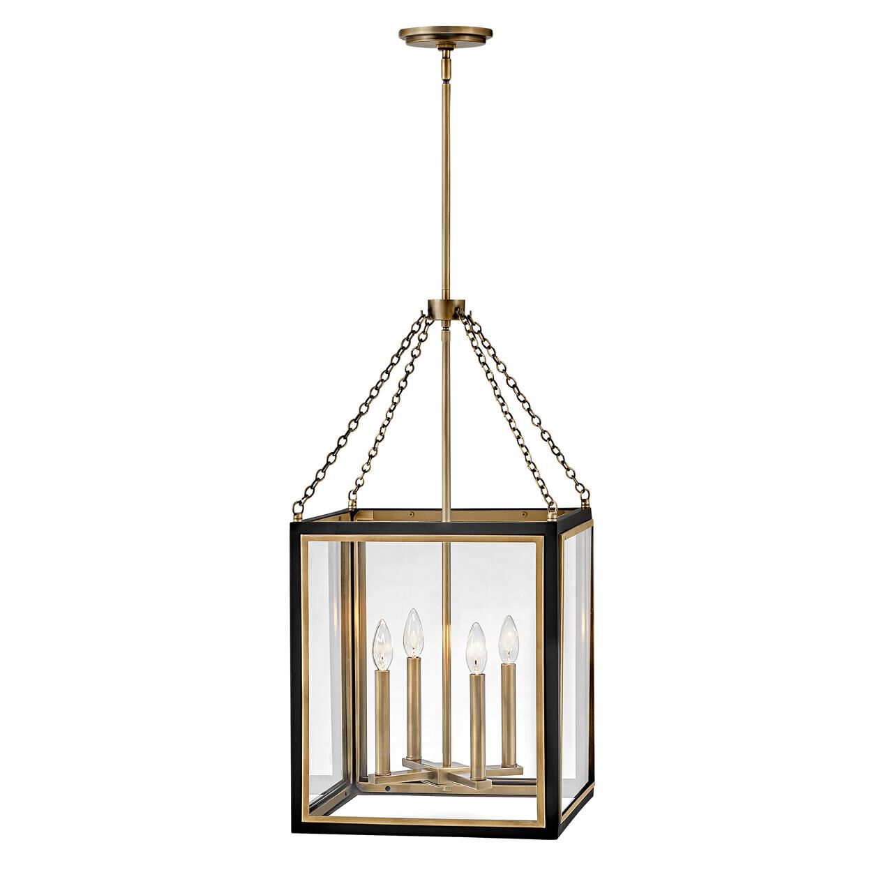 Shown in Black with Heritage Brass Accents finish and Clear glass