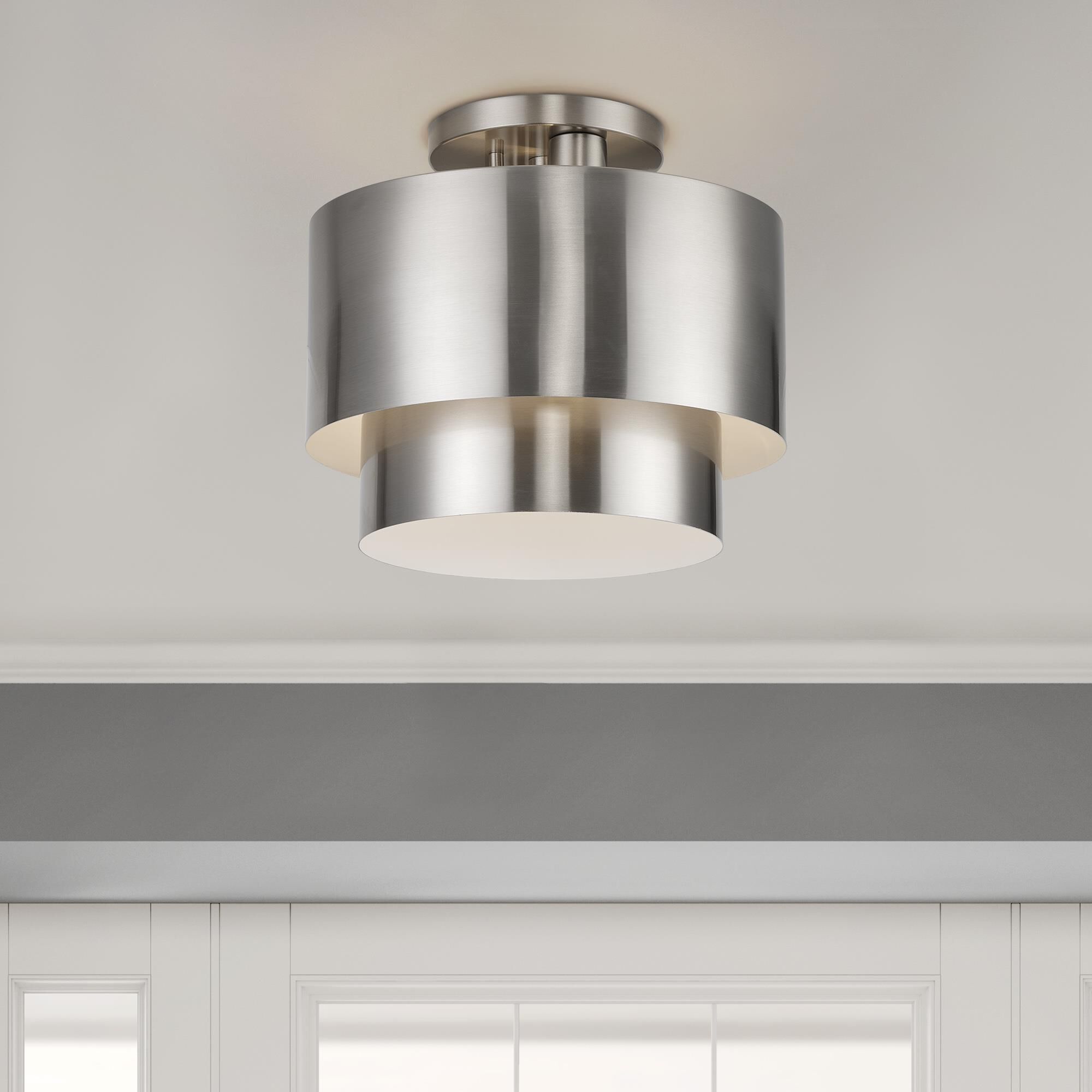 Shown in Brushed Nickel finish and Brushed Nickel Steel with Shiny White Inside shade