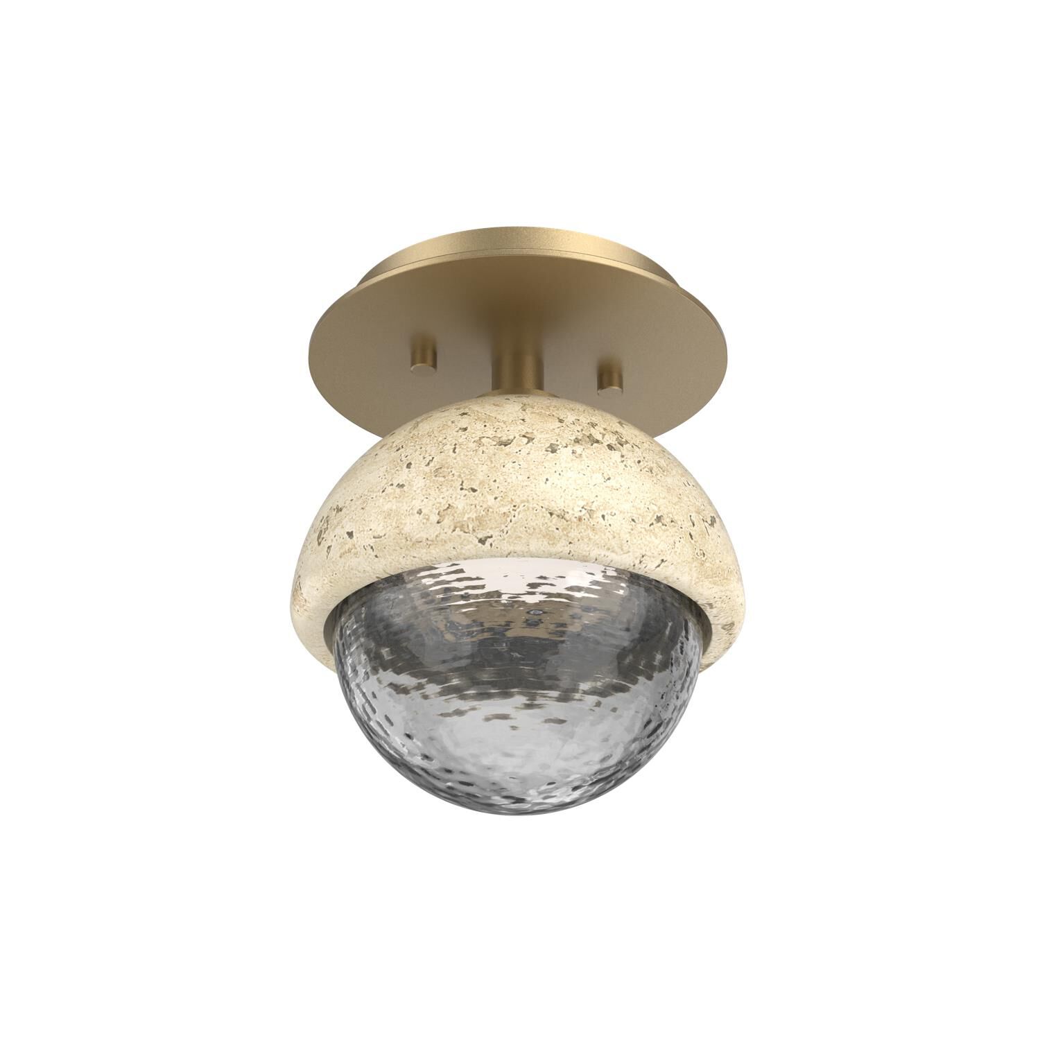 Shown in Novel Brass finish and Smoke glass and Travertine Stone accent
