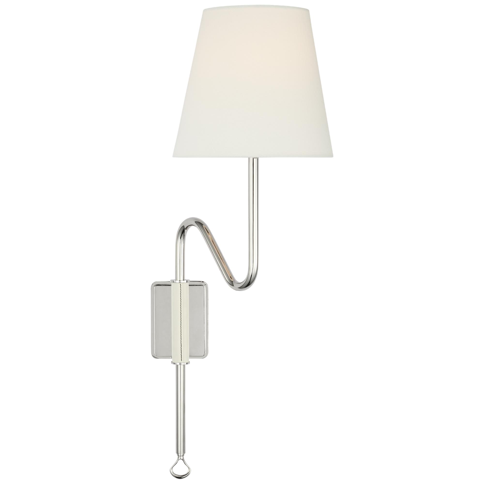Shown in Polished Nickel and Parchment Leather finish and Linen shade