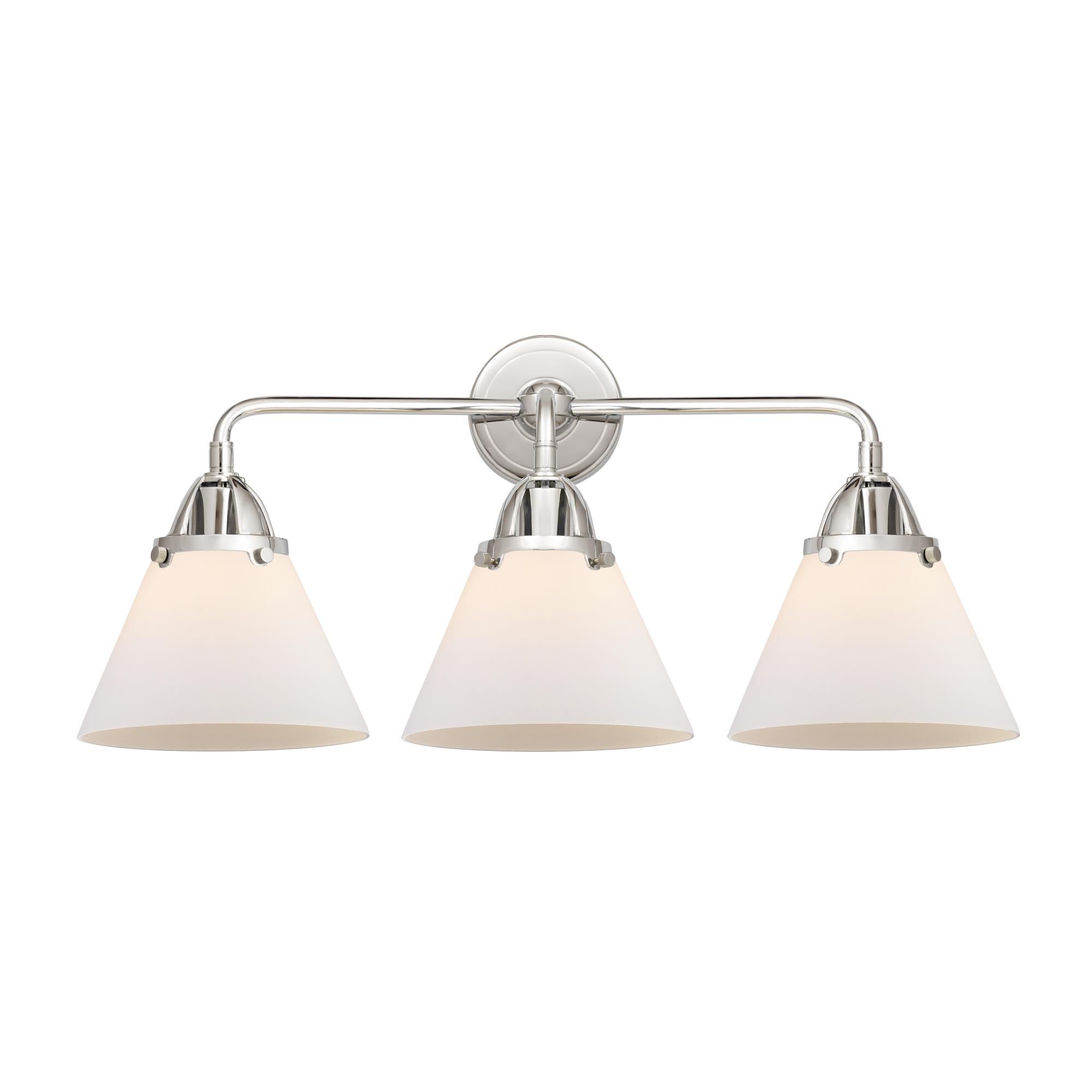 Shown in Polished Chrome finish and Matte White Cased Large Cone glass and No Shade shade
