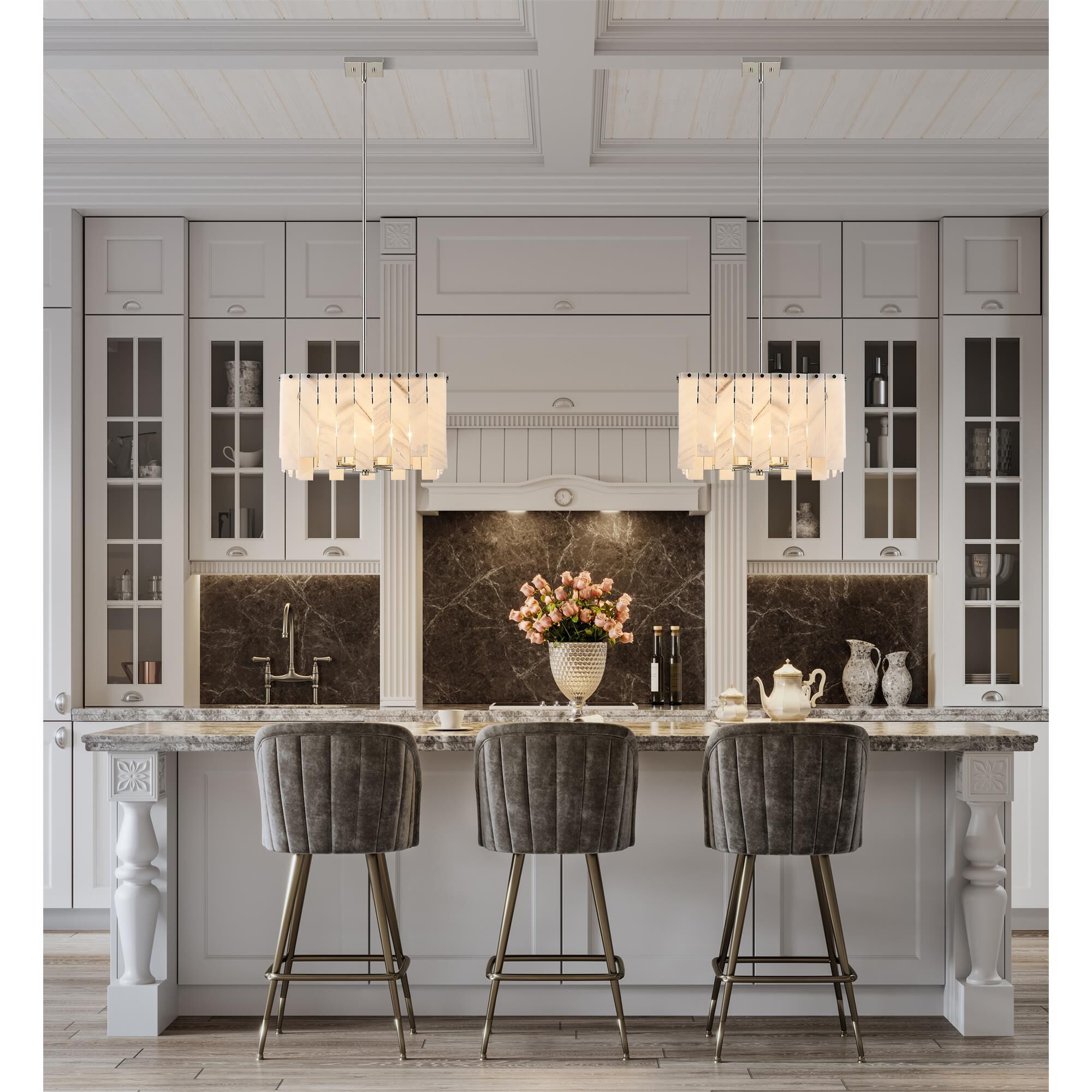 Shown in Polished Nickel finish and Alabaster Resin shade