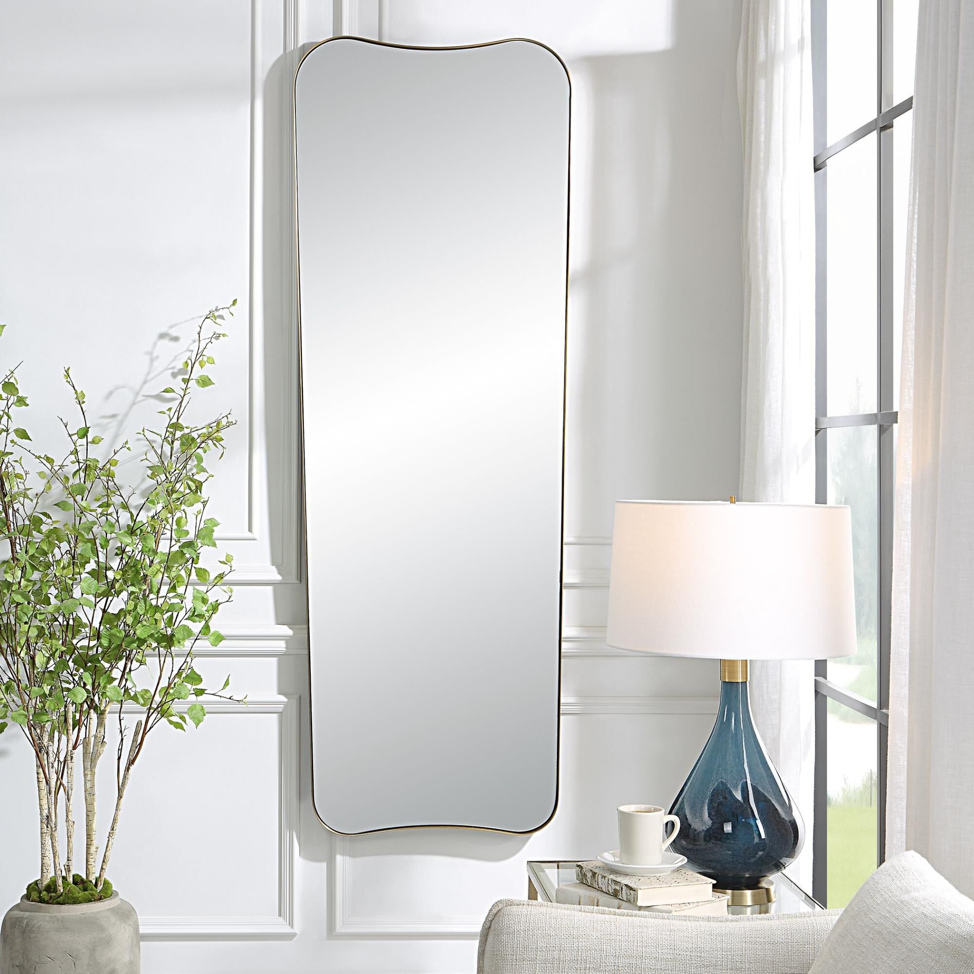 Shown in This Oversized Mirror Features A Sophisticated Stainless Steel Frame Finished In A Rich Antique Bras finish