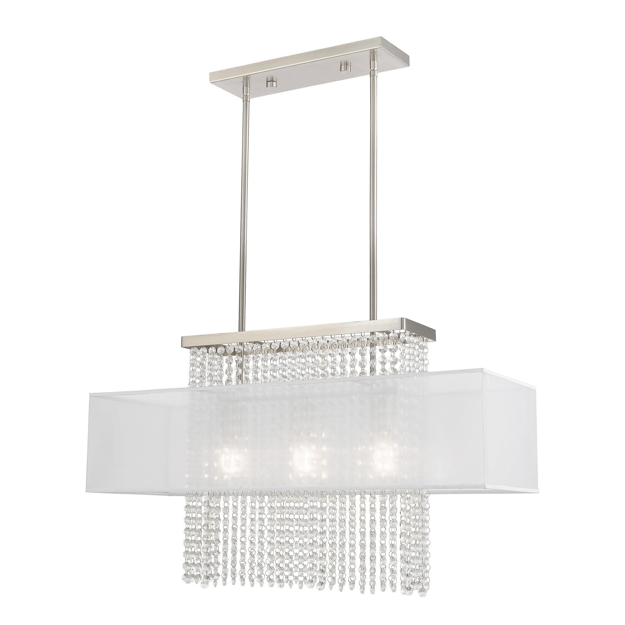 Shown in Brushed Nickel finish and Clear Crystals with Hand Crafted Translucent Fabric shade